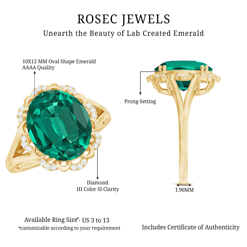 Vintage Looking 10X12mm Lab Created Emerald Engagement Ring with Diamond