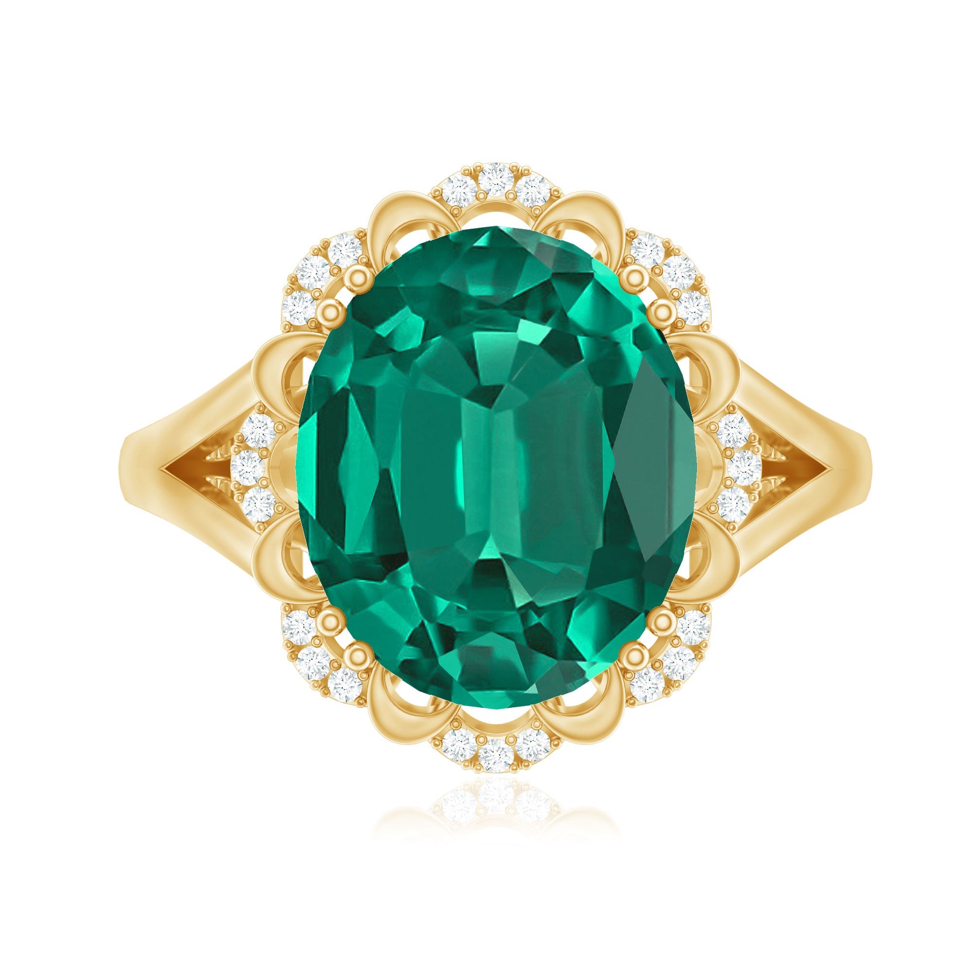 Vintage Looking 10X12mm Lab Created Emerald Engagement Ring with Diamond