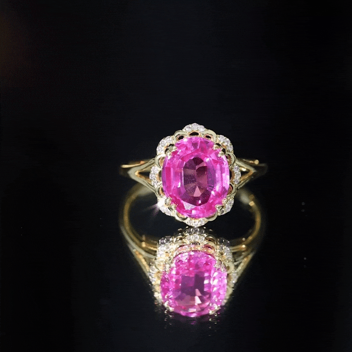 Oval Lab Created Pink Sapphire Huge Engagement Ring with Diamond
