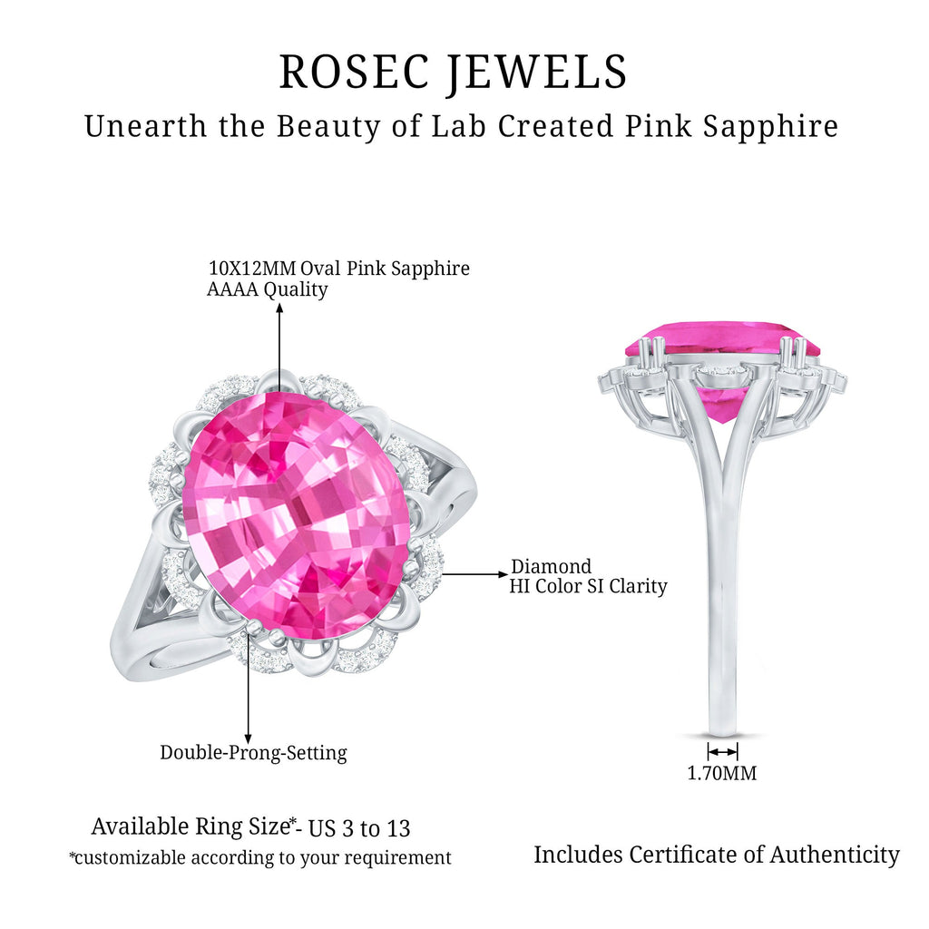 Oval Lab Created Pink Sapphire Huge Engagement Ring with Diamond