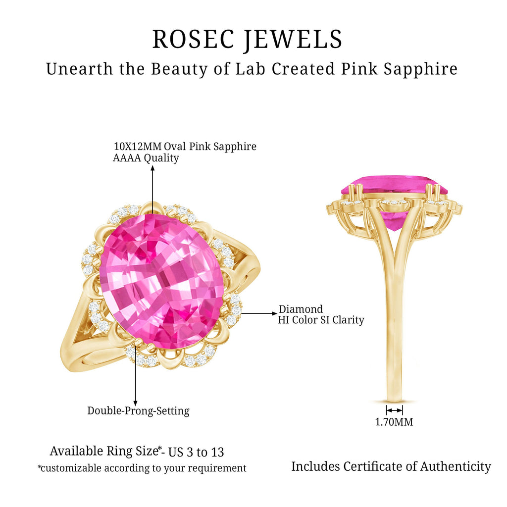 Oval Lab Created Pink Sapphire Huge Engagement Ring with Diamond