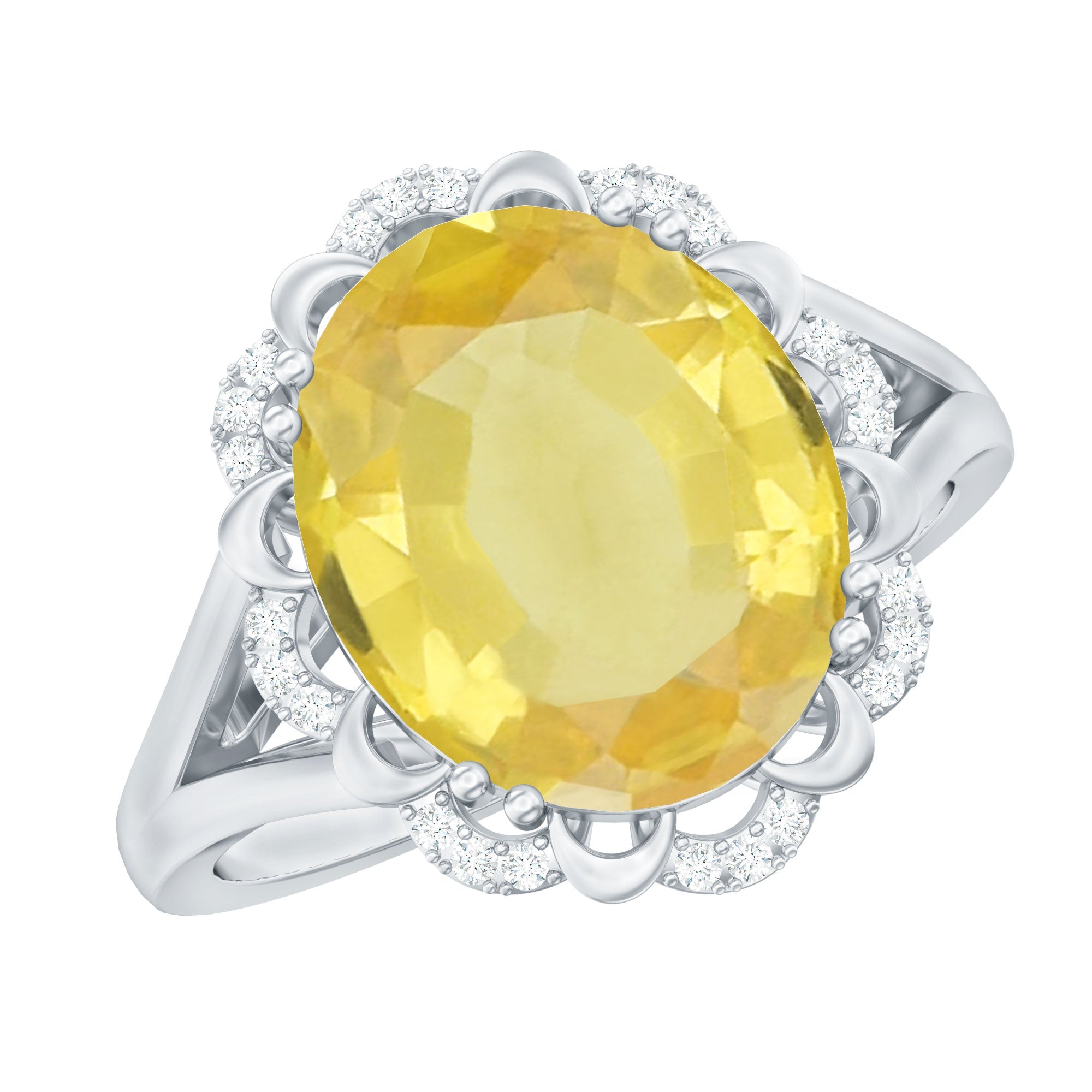 Oval Created Yellow Sapphire Split Shank Engagement Ring with Diamond