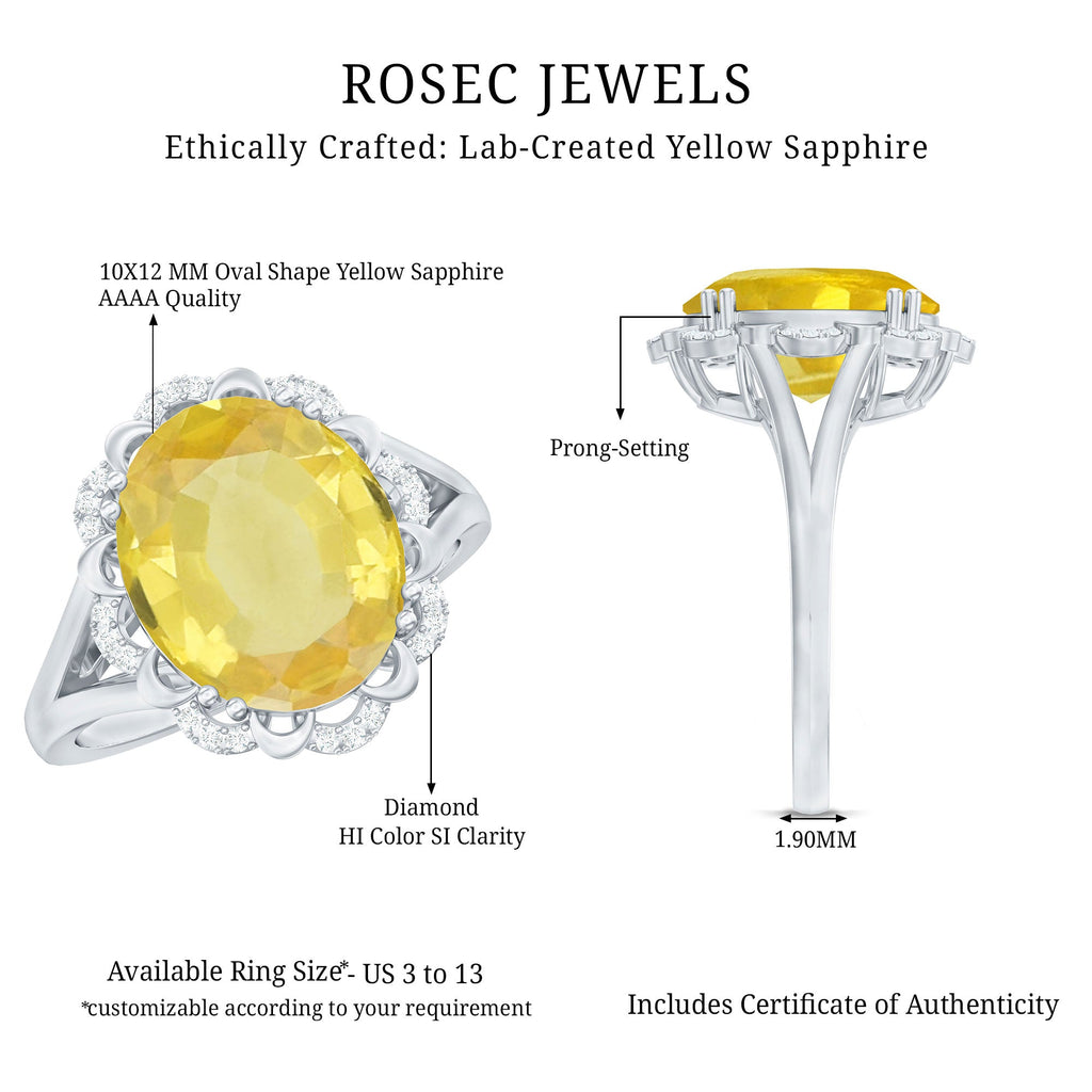 Oval Created Yellow Sapphire Split Shank Engagement Ring with Diamond