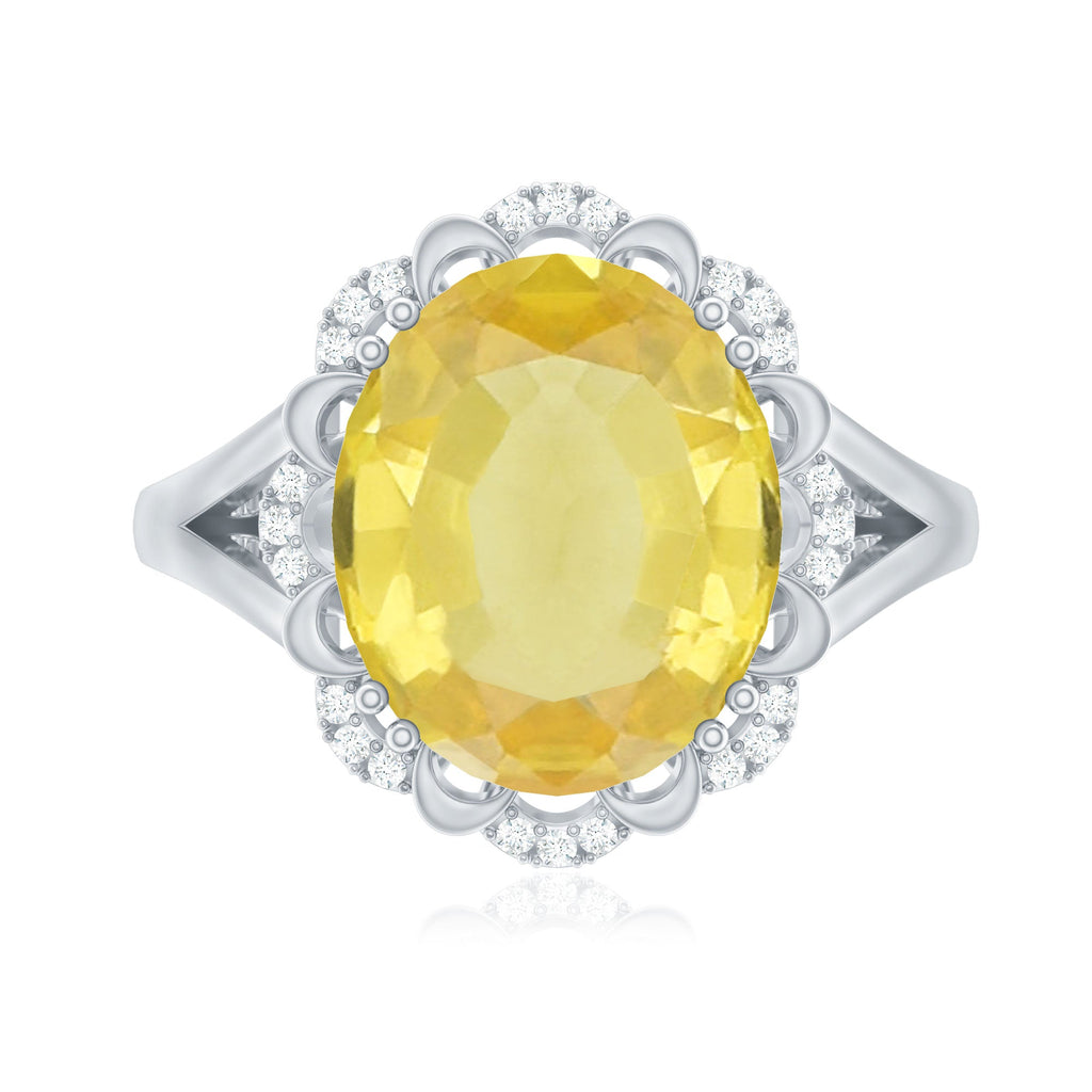 Oval Created Yellow Sapphire Split Shank Engagement Ring with Diamond