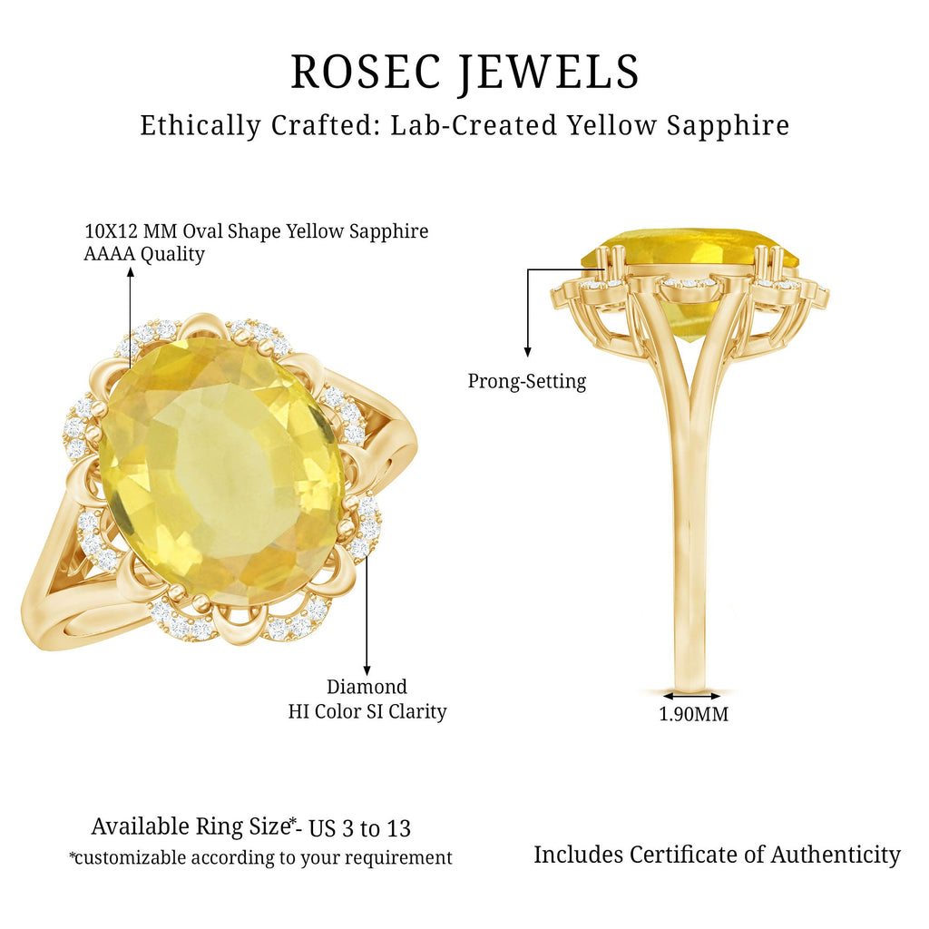 Oval Created Yellow Sapphire Split Shank Engagement Ring with Diamond