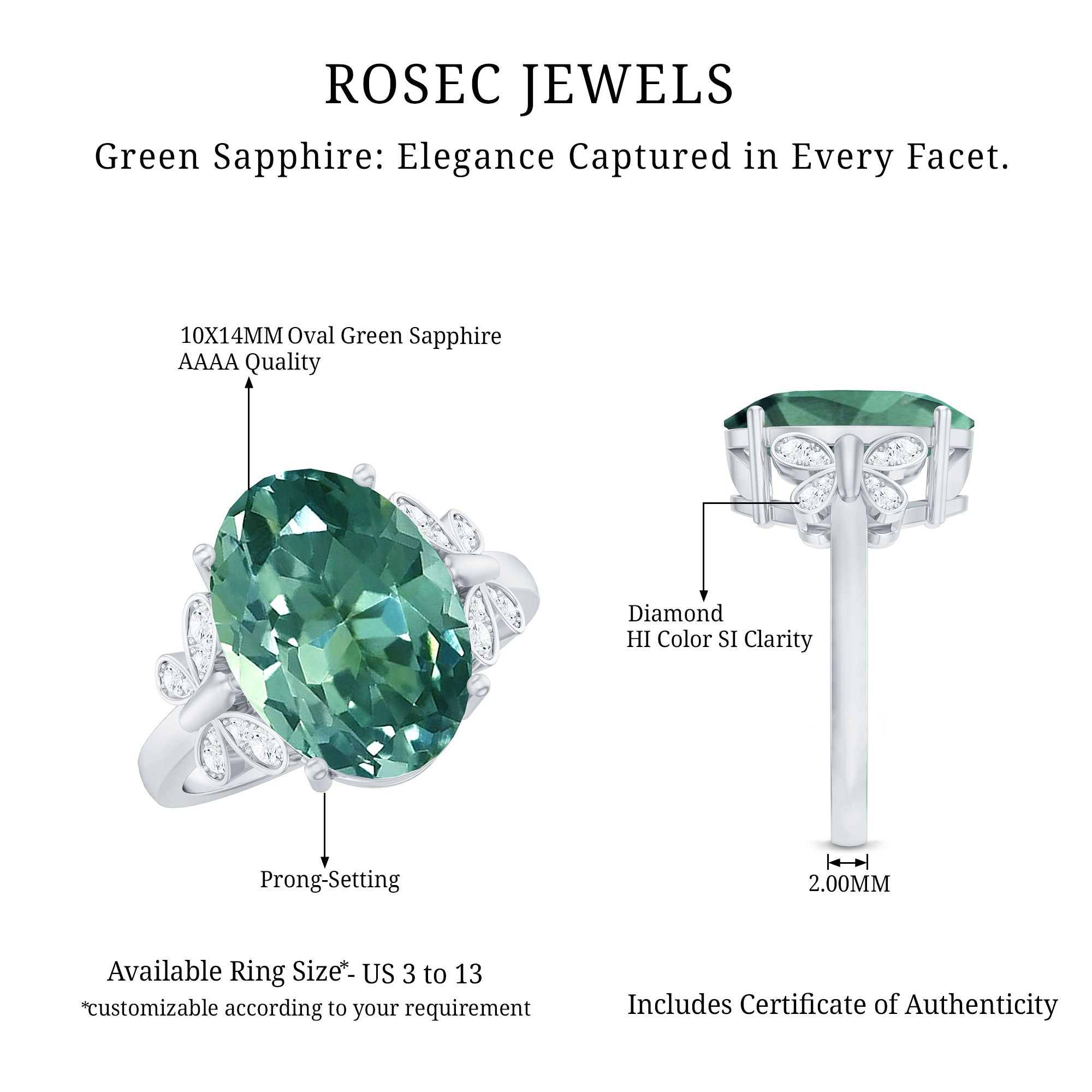 Oval Created Green Sapphire Statement Ring with Diamond