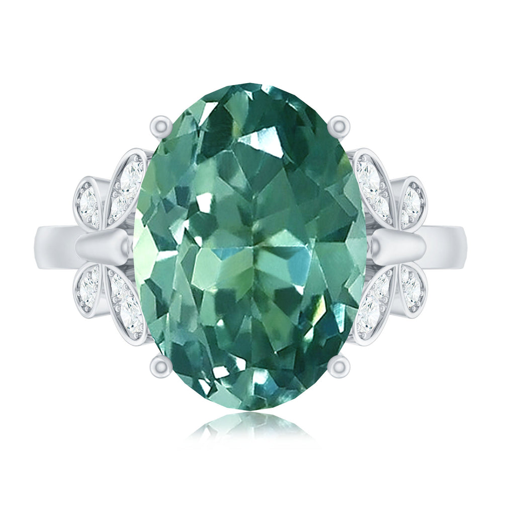 Oval Created Green Sapphire Statement Ring with Diamond