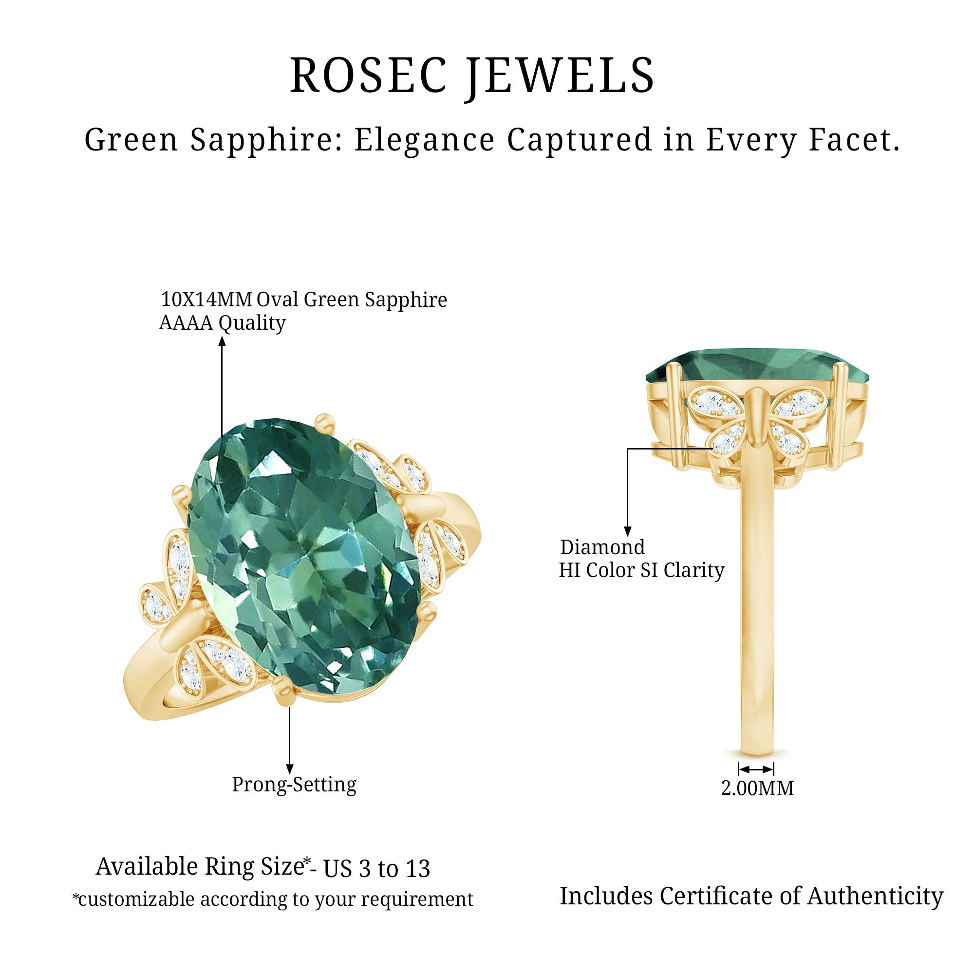 Oval Created Green Sapphire Statement Ring with Diamond