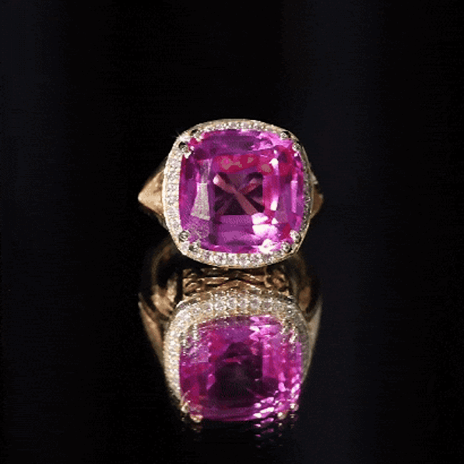 Cushion Cut Created Pink Sapphire Halo Cocktail Ring with Diamond