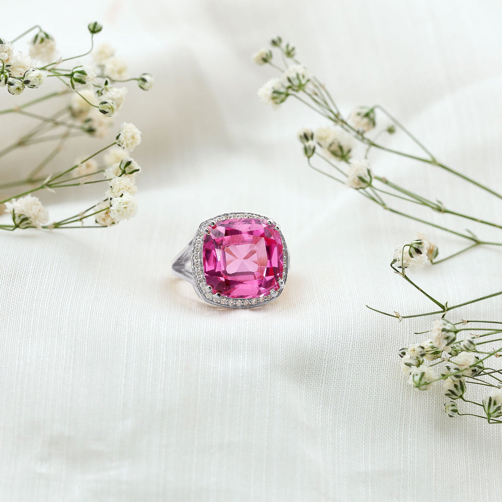 Cushion Cut Created Pink Sapphire Halo Cocktail Ring with Diamond