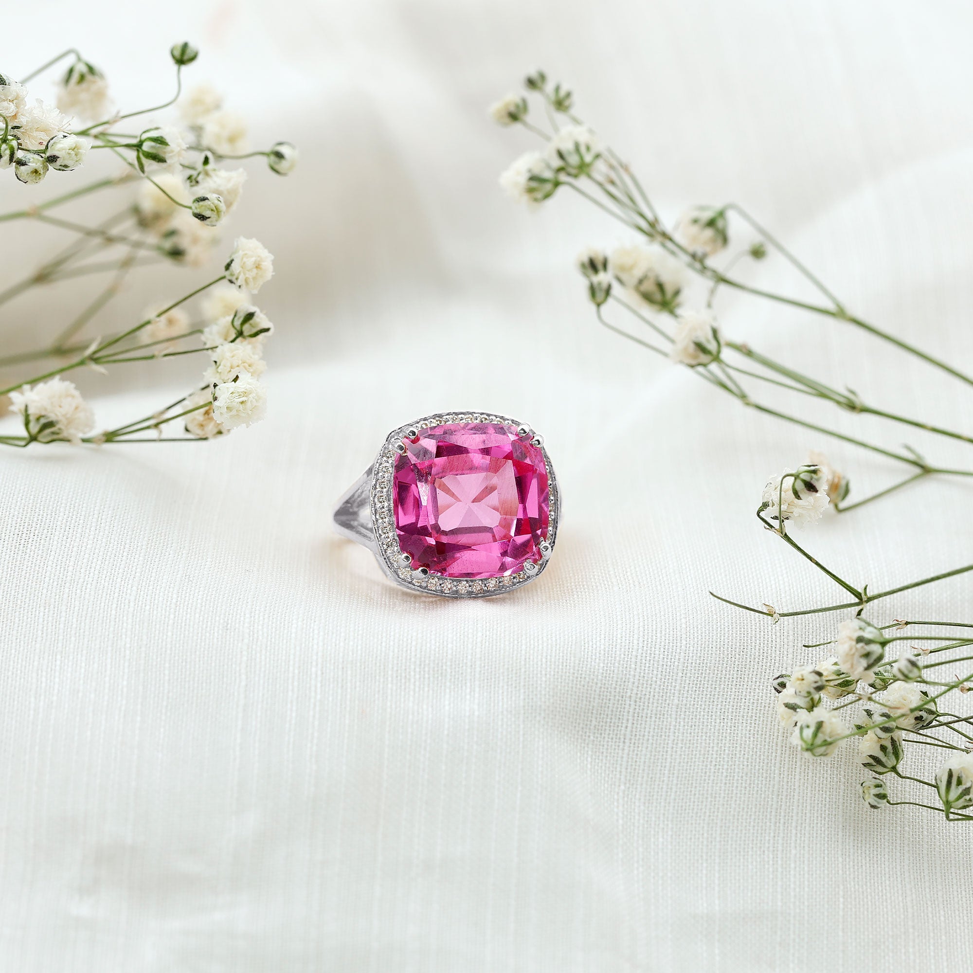 Cushion Cut Created Pink Sapphire Halo Cocktail Ring with Diamond