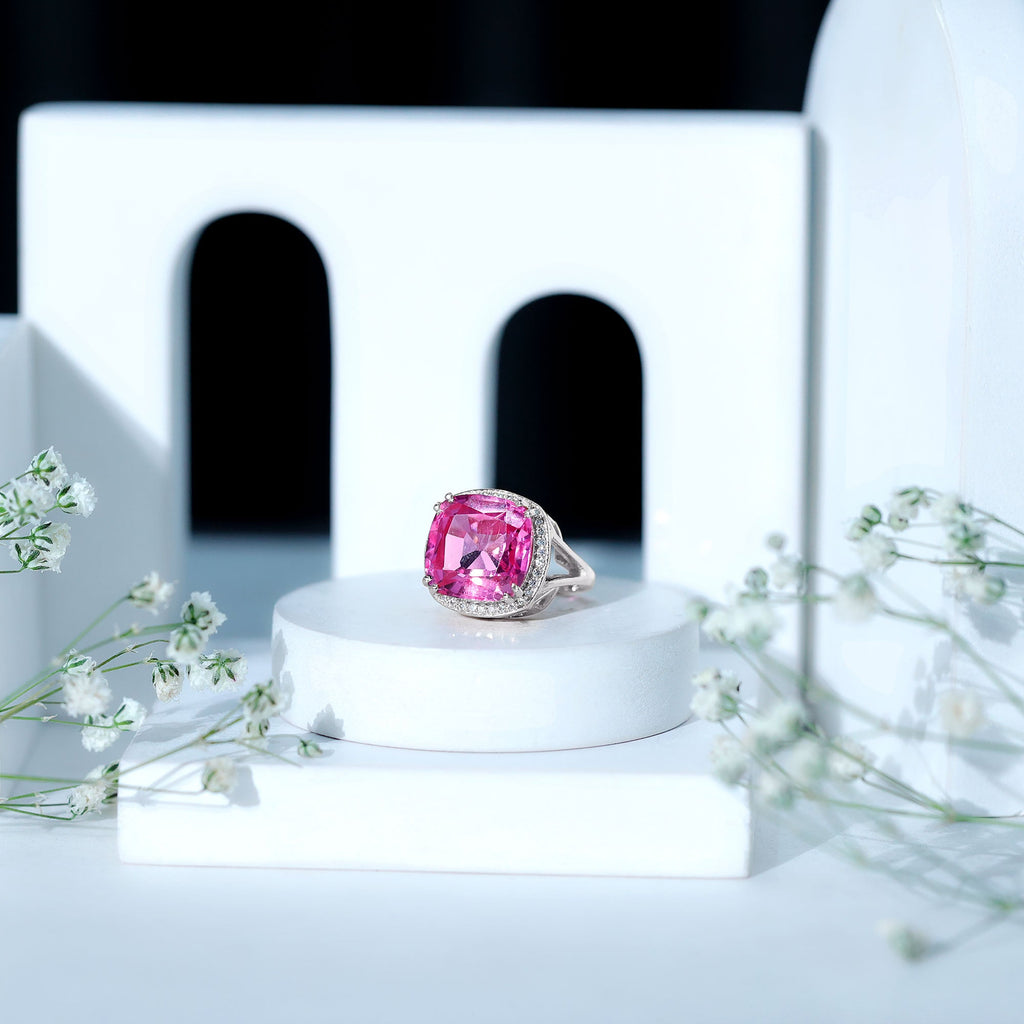 Cushion Cut Created Pink Sapphire Halo Cocktail Ring with Diamond