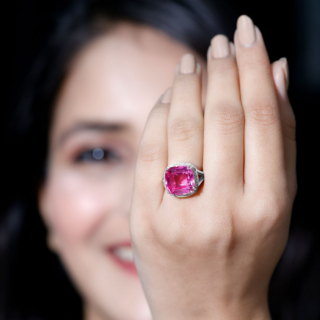 Cushion Cut Created Pink Sapphire Halo Cocktail Ring with Diamond
