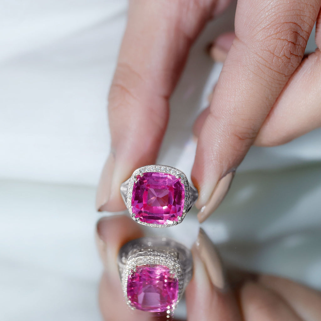 Cushion Cut Created Pink Sapphire Halo Cocktail Ring with Diamond
