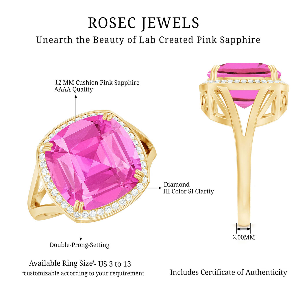 Cushion Cut Created Pink Sapphire Halo Cocktail Ring with Diamond
