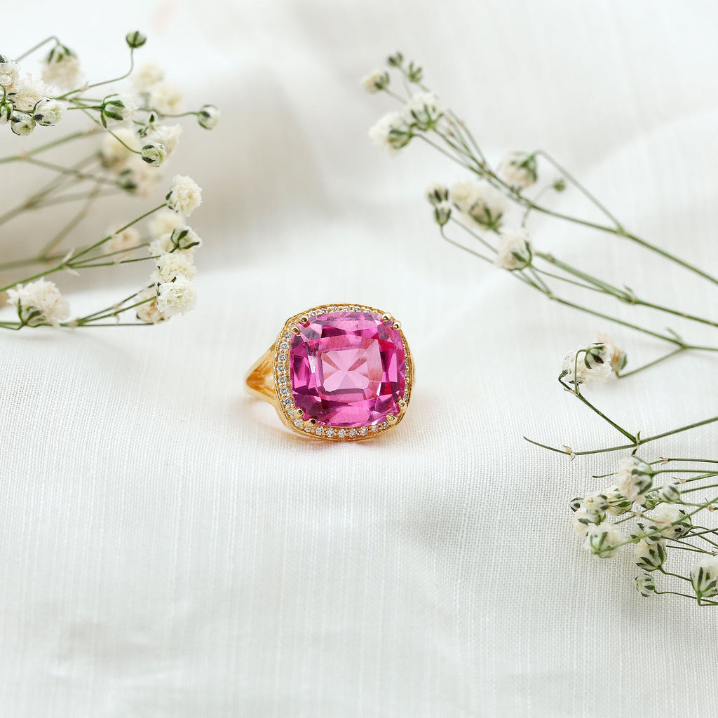 Cushion Cut Created Pink Sapphire Halo Cocktail Ring with Diamond