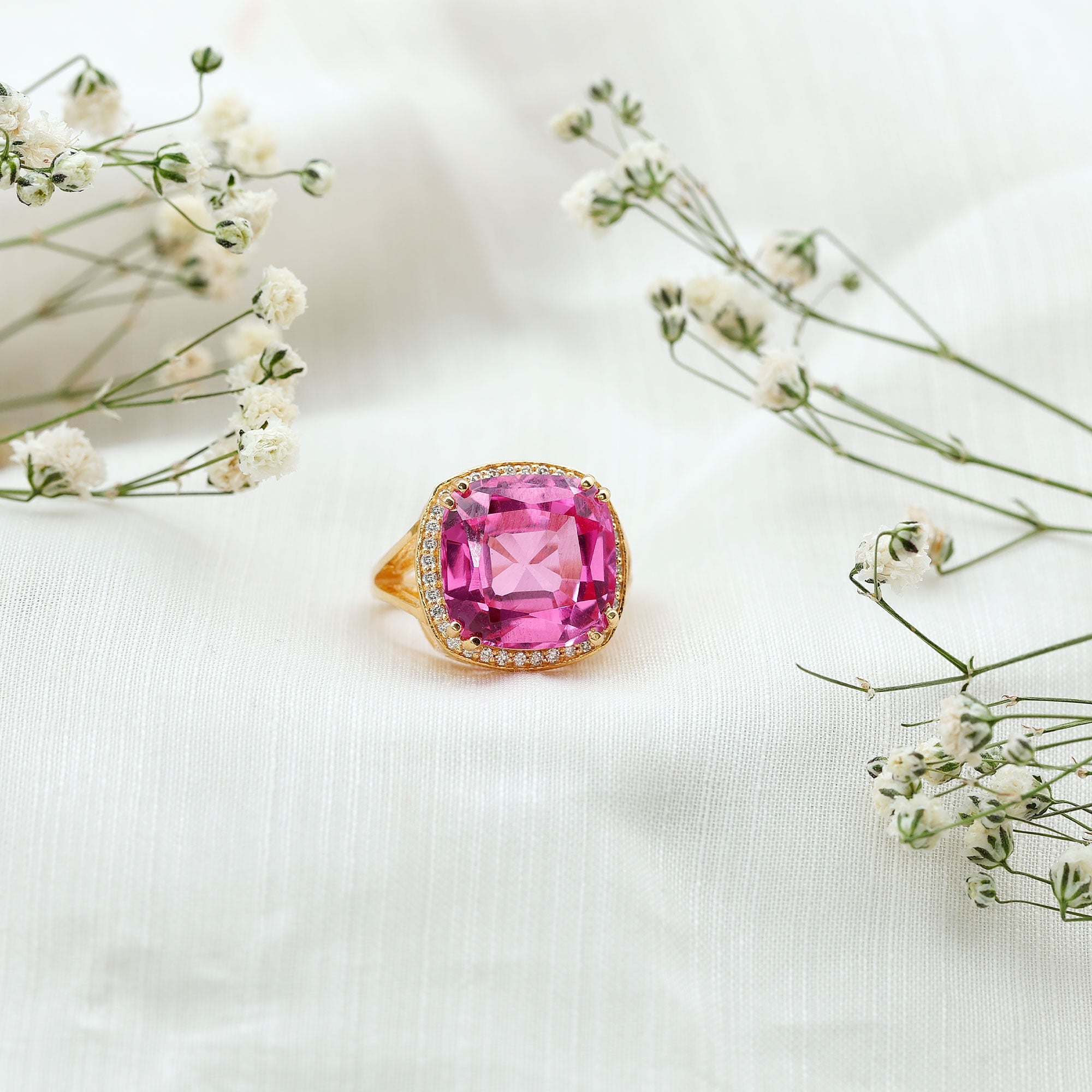 Cushion Cut Created Pink Sapphire Halo Cocktail Ring with Diamond