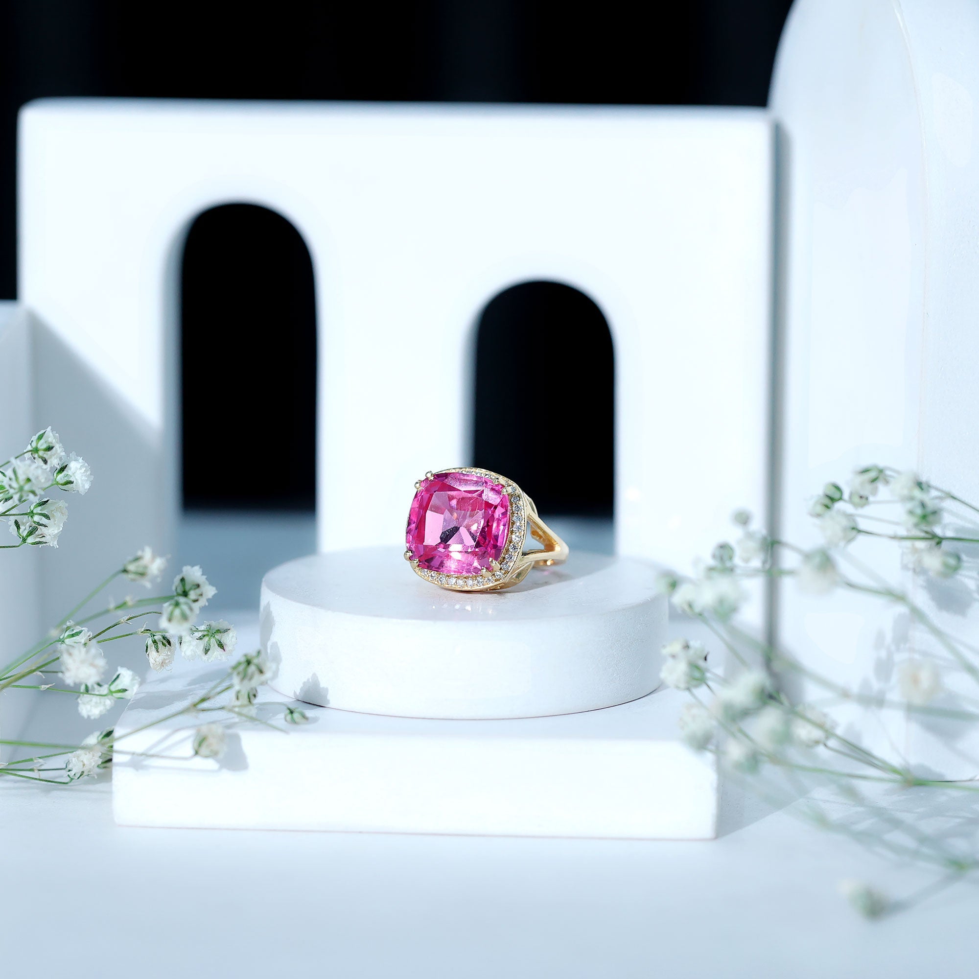 Cushion Cut Created Pink Sapphire Halo Cocktail Ring with Diamond