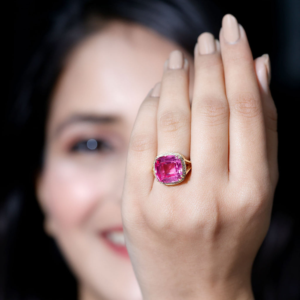 Cushion Cut Created Pink Sapphire Halo Cocktail Ring with Diamond