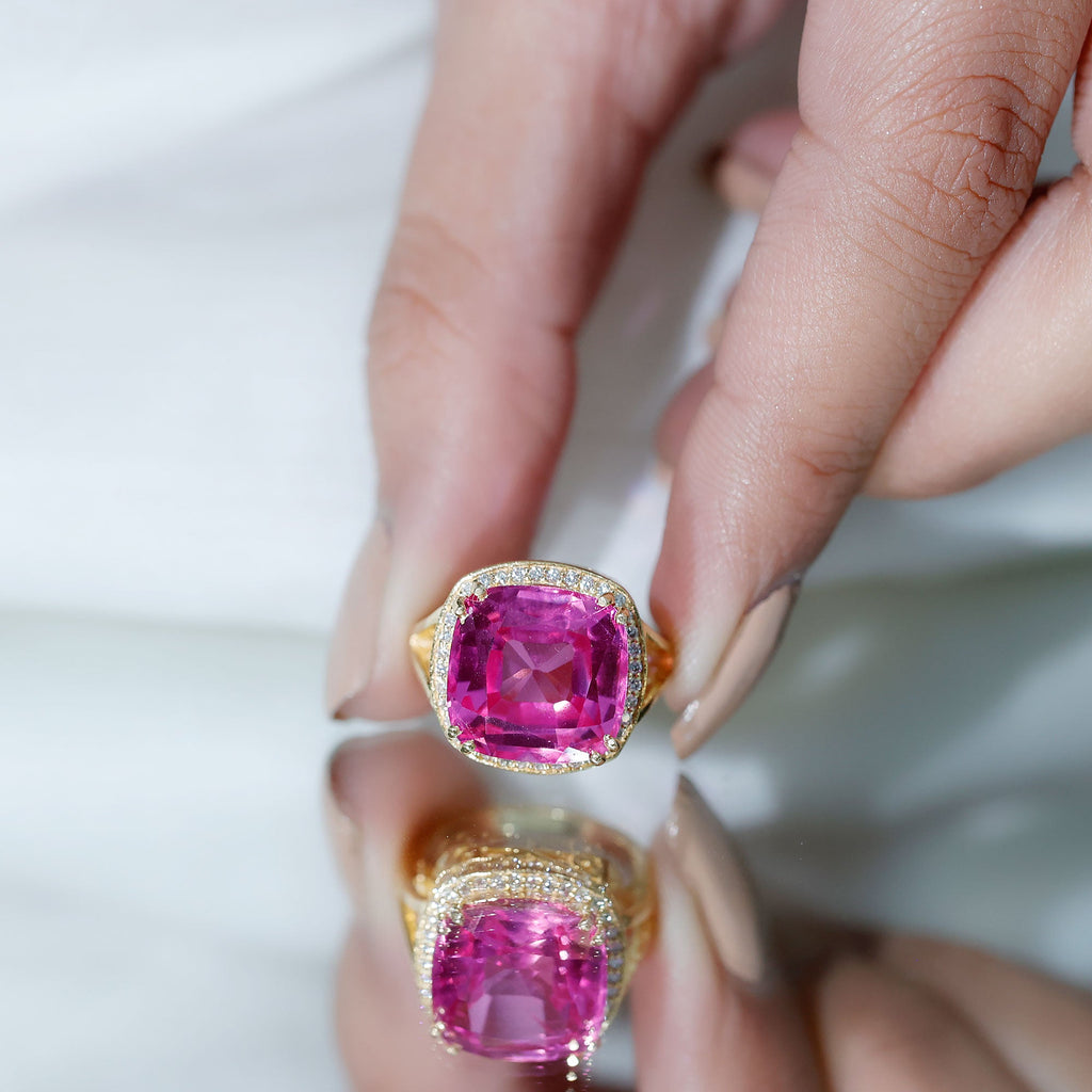 Cushion Cut Created Pink Sapphire Halo Cocktail Ring with Diamond