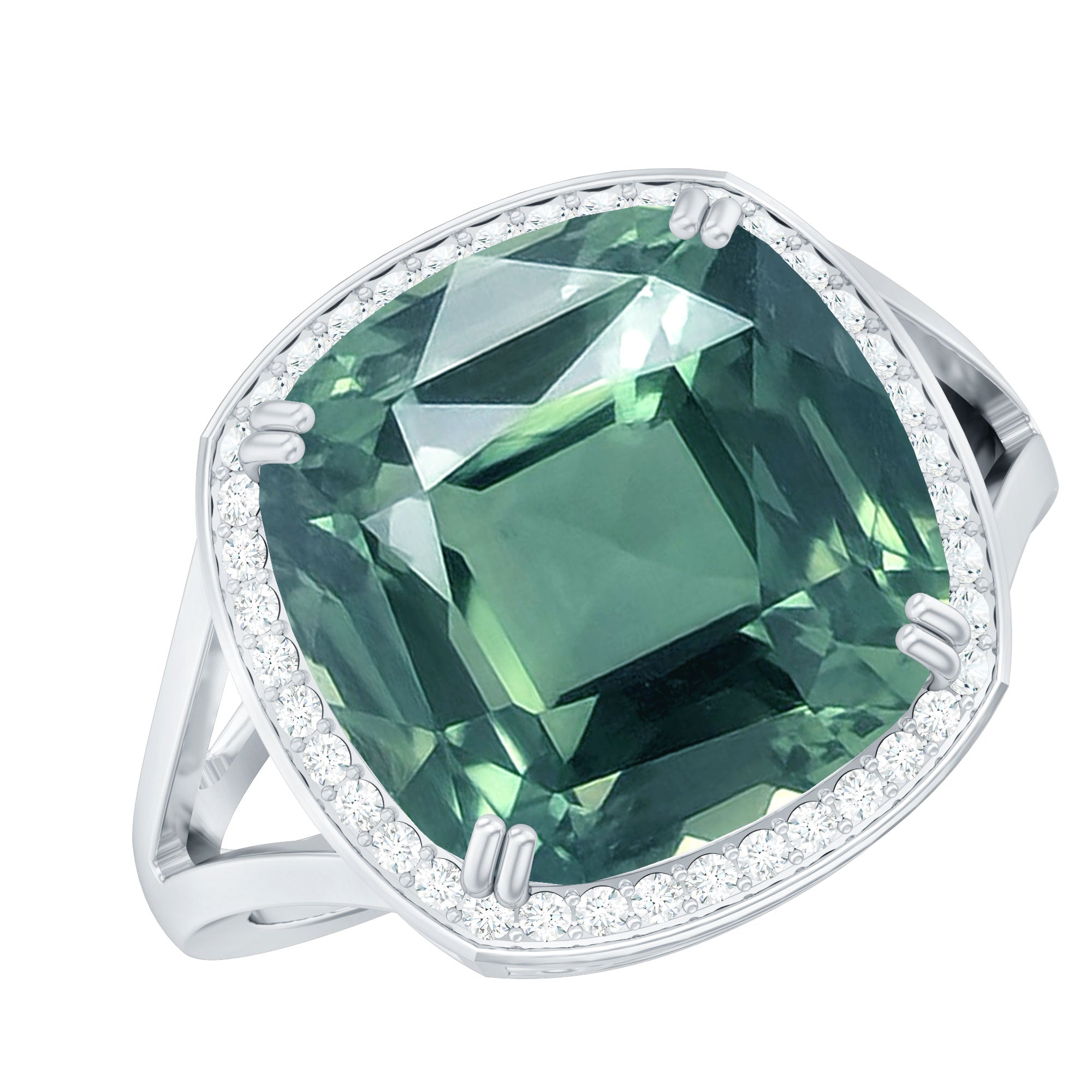 Cushion Cut Lab Grown Green Sapphire Engagement Ring with Moissanite