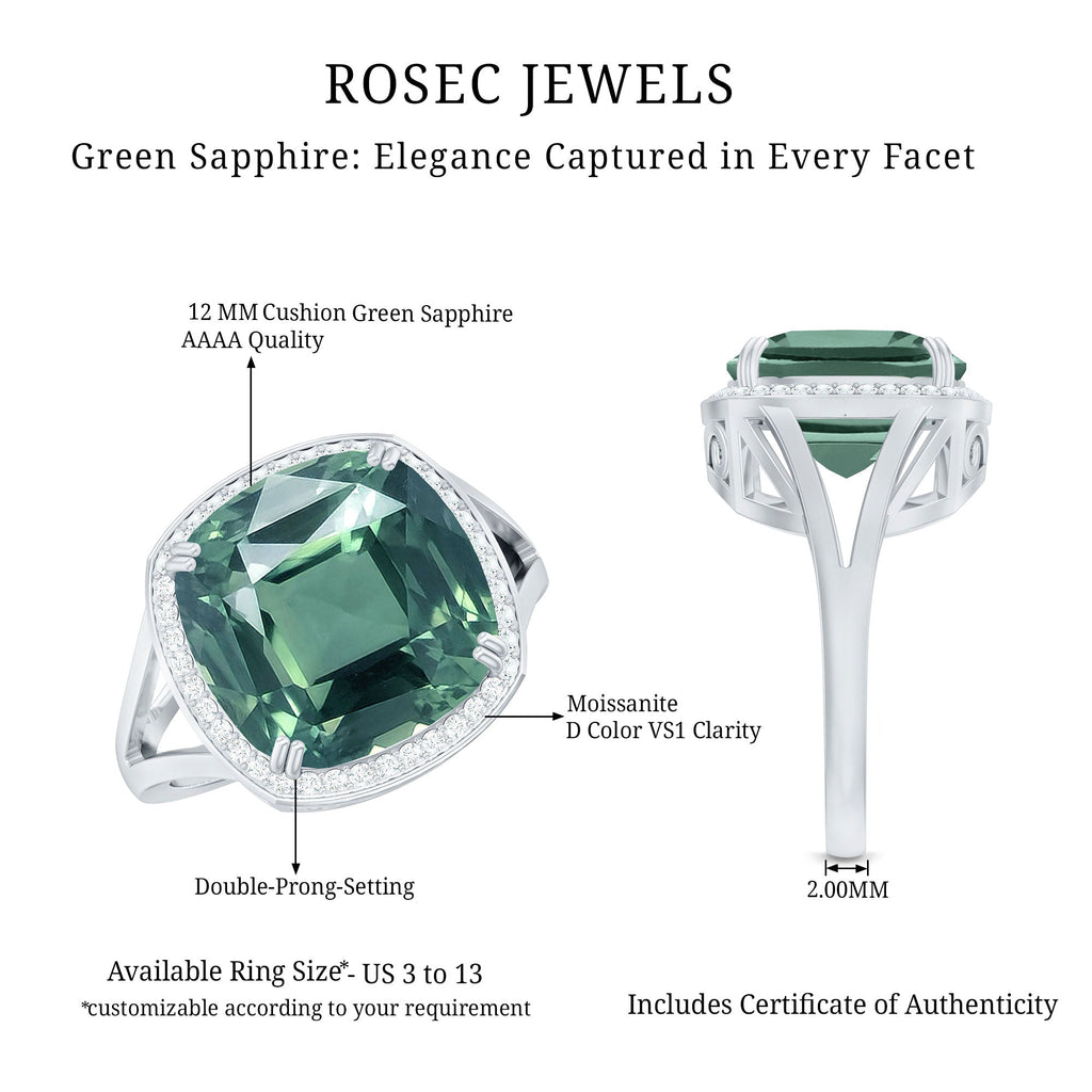 Cushion Cut Lab Grown Green Sapphire Engagement Ring with Moissanite