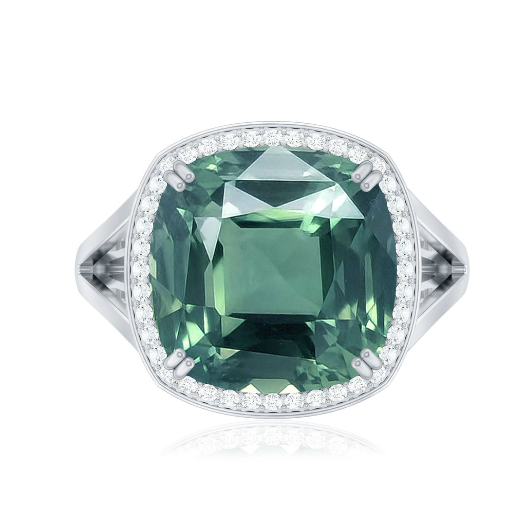 Cushion Cut Lab Grown Green Sapphire Engagement Ring with Moissanite