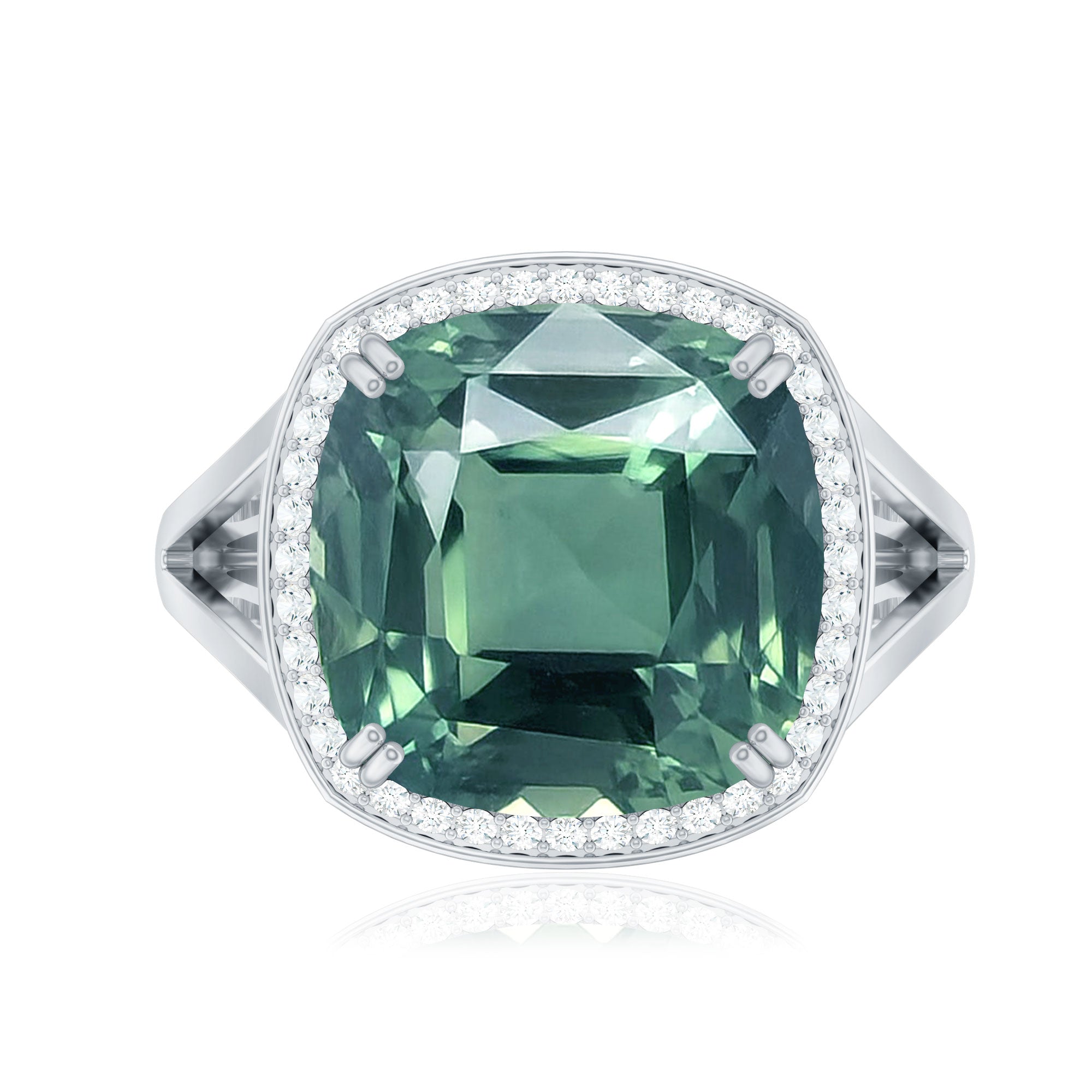Cushion Cut Lab Grown Green Sapphire Engagement Ring with Moissanite