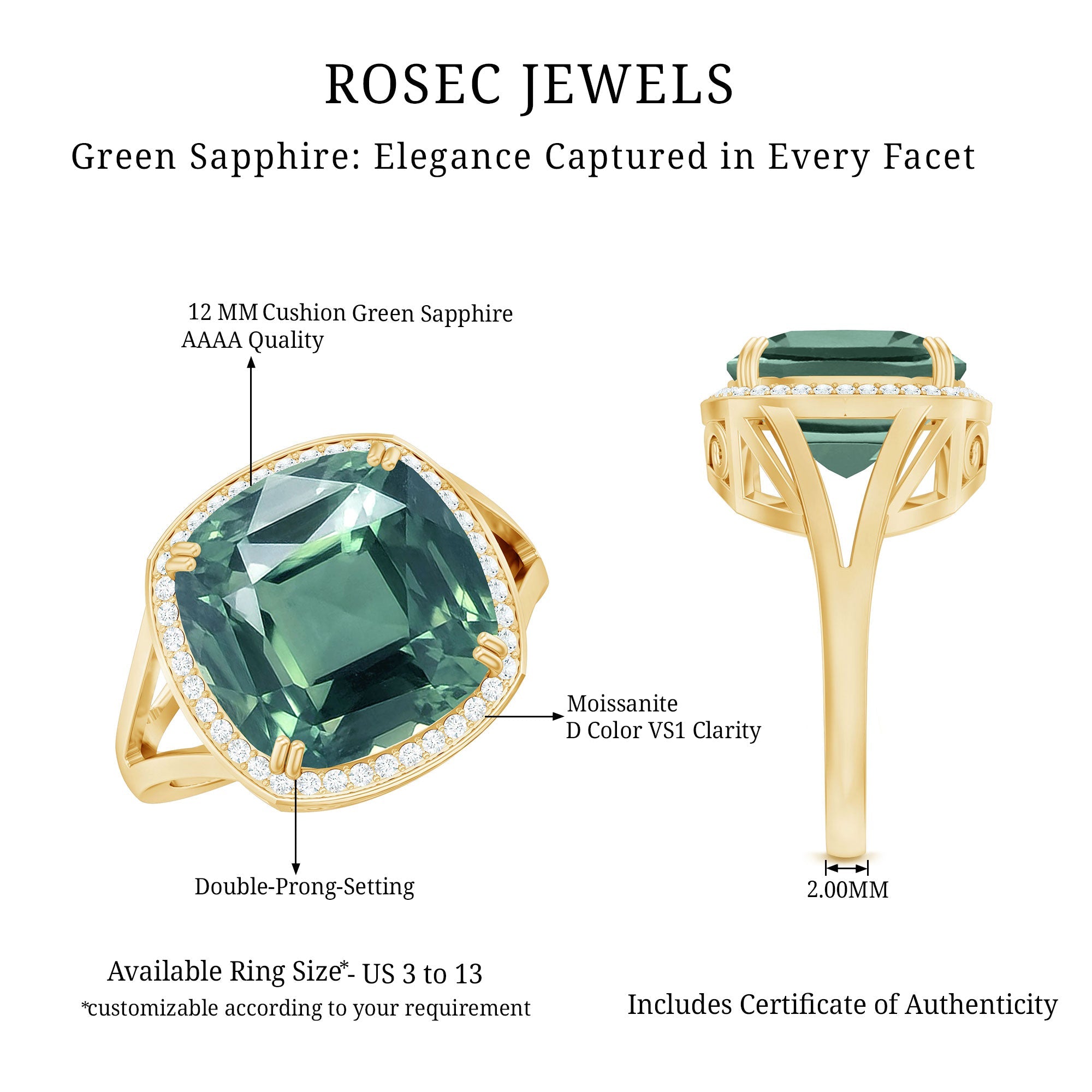 Cushion Cut Lab Grown Green Sapphire Engagement Ring with Moissanite