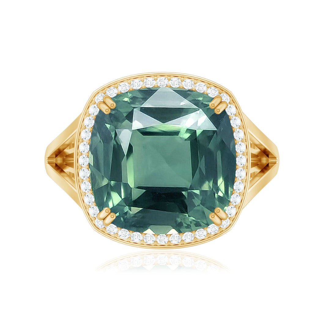 Cushion Cut Lab Grown Green Sapphire Engagement Ring with Moissanite