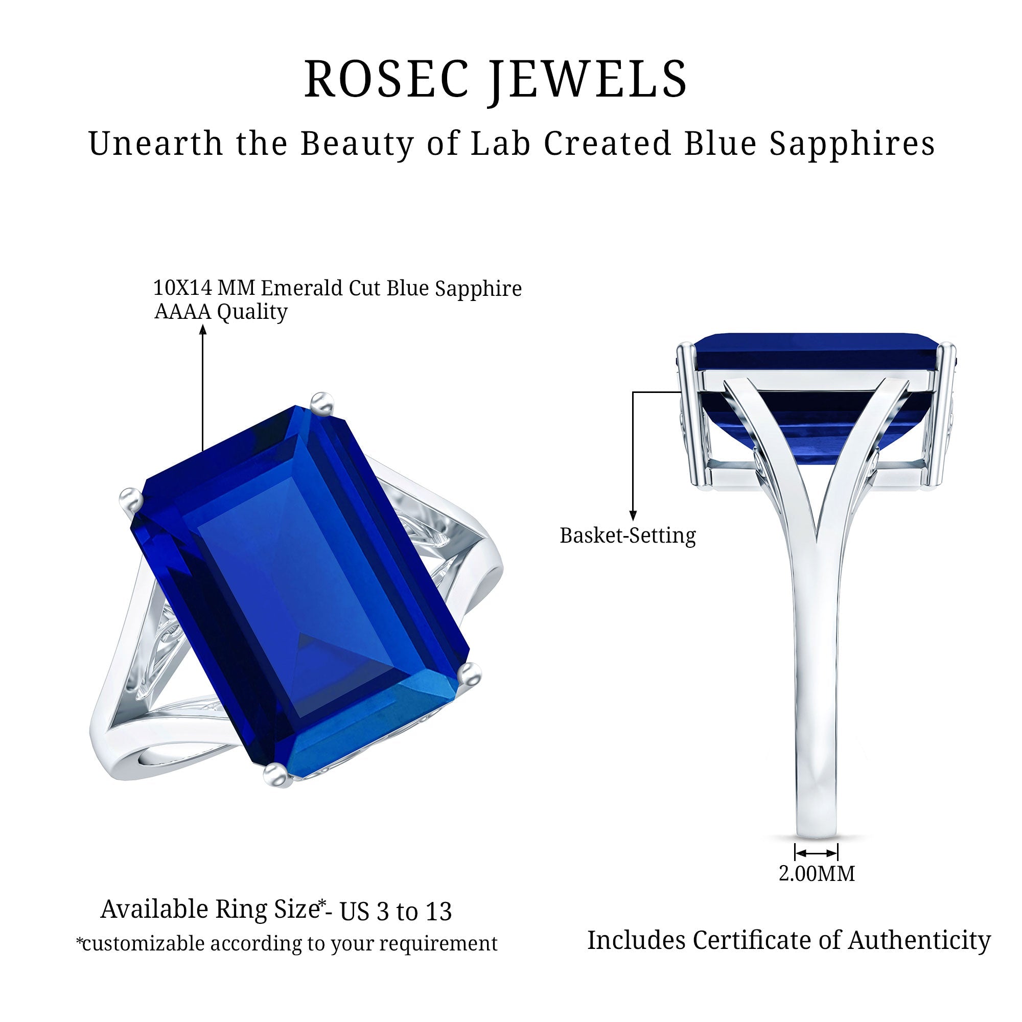 9 Carat Lab Grown Blue Sapphire Emerald Cut Engagement Ring