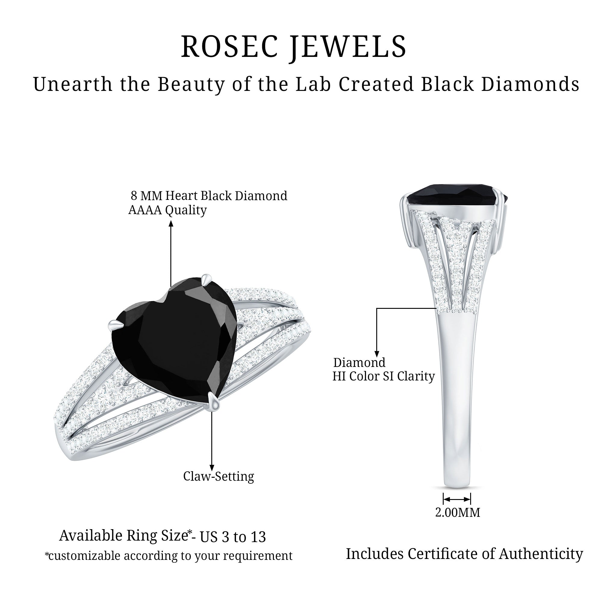 Created Black Diamond Heart Engagement Ring with Diamond