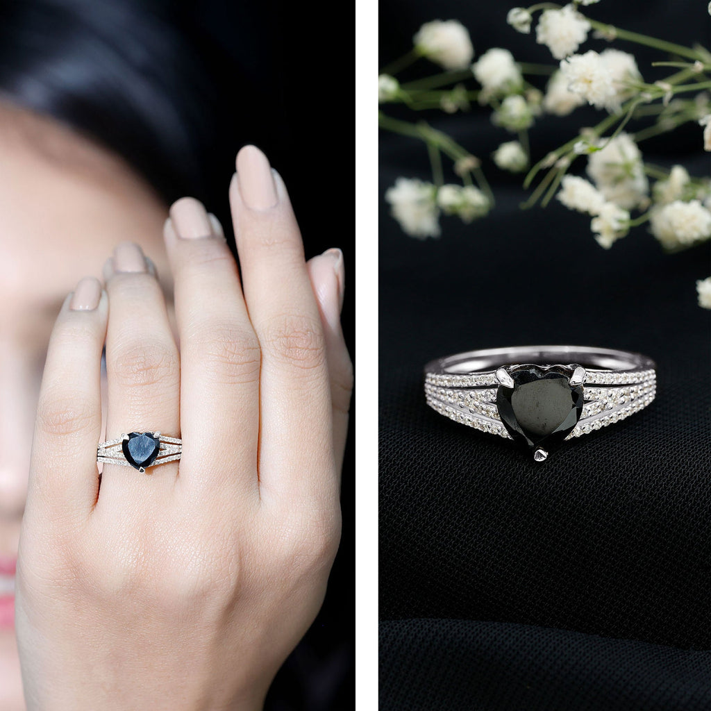 Created Black Diamond Heart Engagement Ring with Diamond