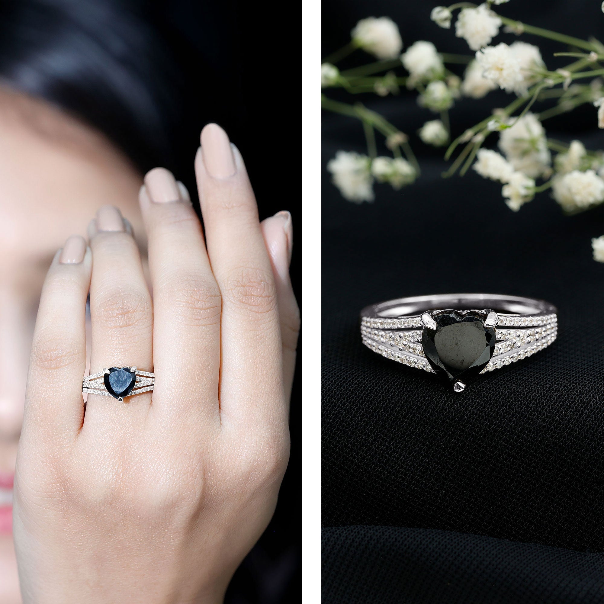 Created Black Diamond Heart Engagement Ring with Diamond