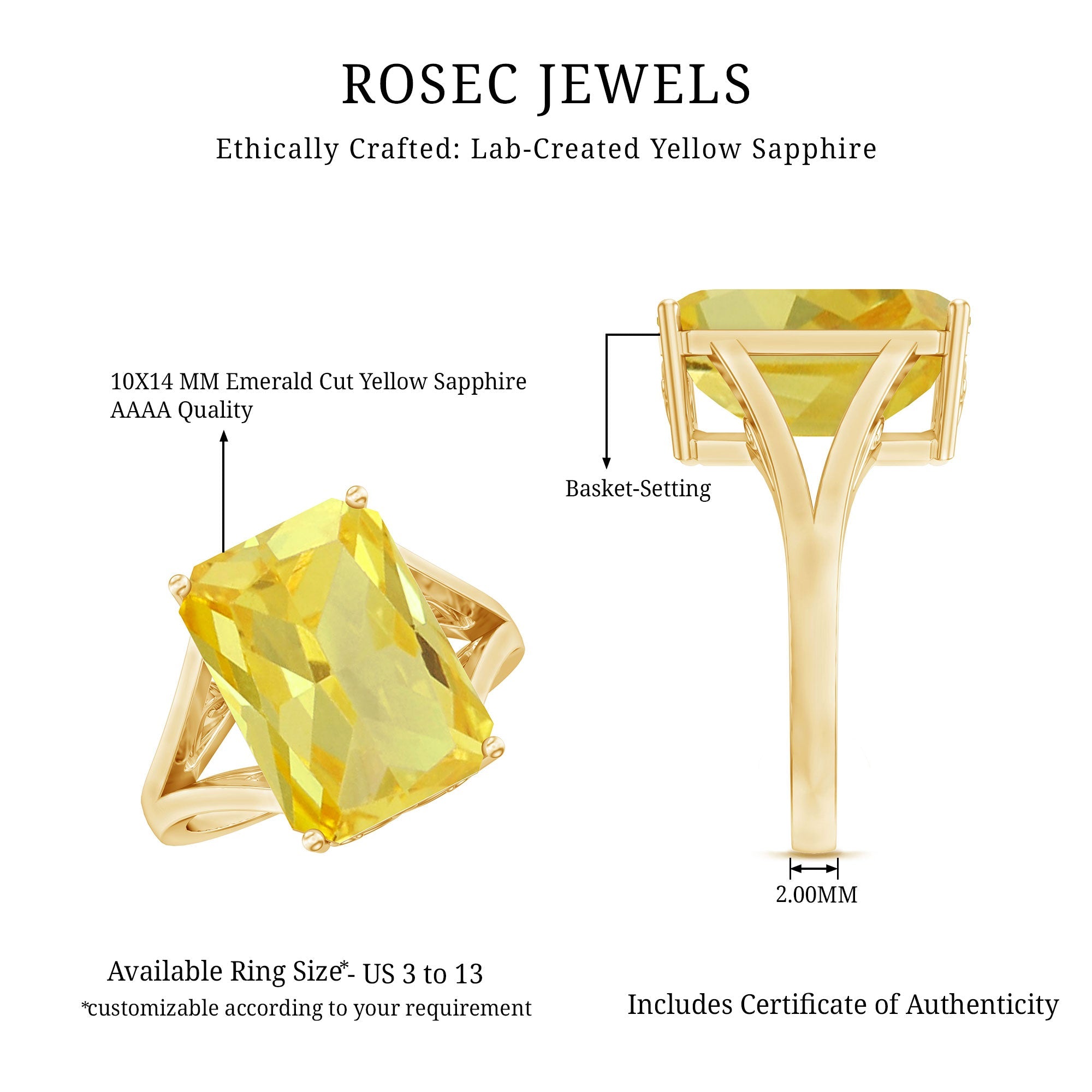 Lab Grown Yellow Sapphire 10X14 MM Emerald Cut Engagement Ring