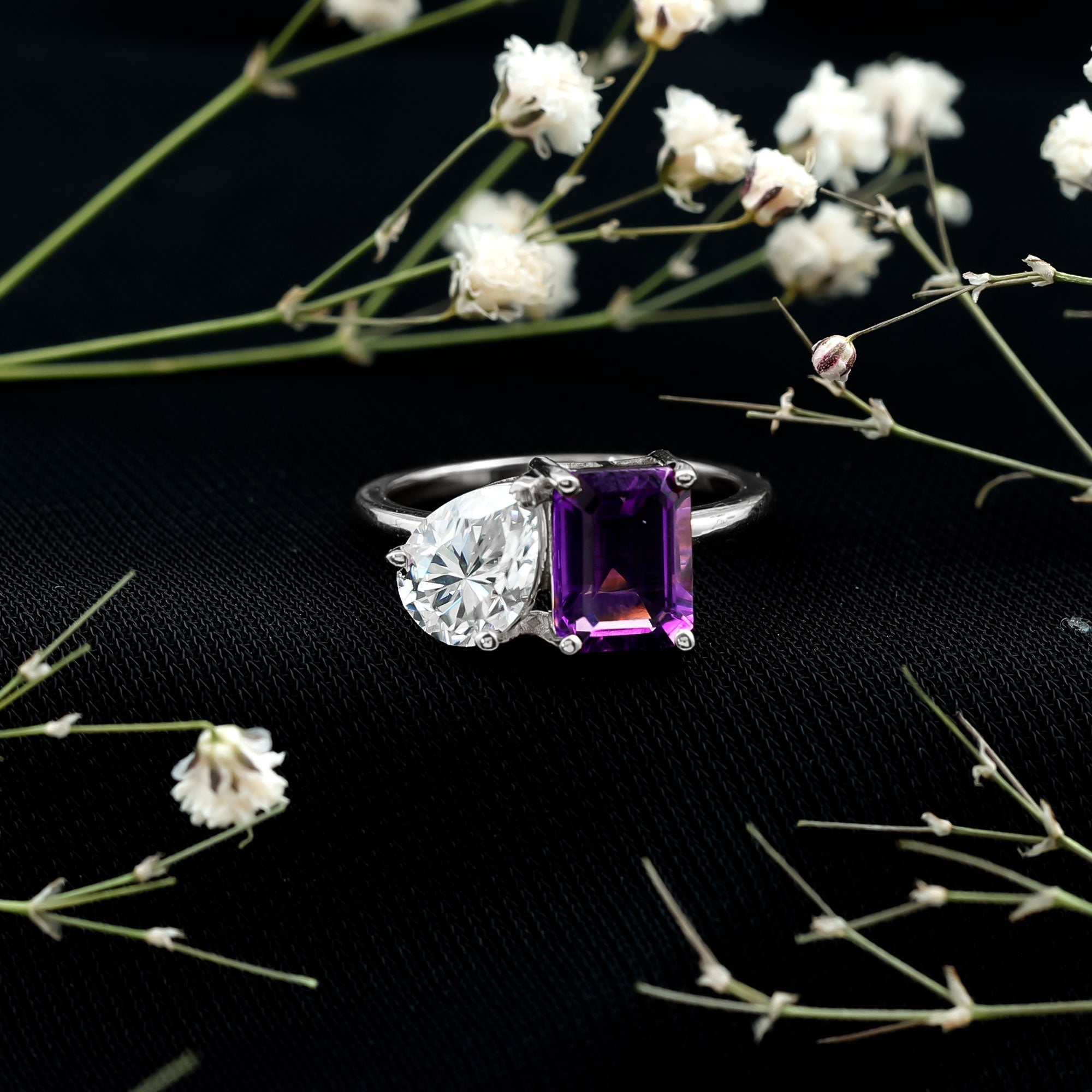 Real Amethyst and Moissanite Toi Et Moi Ring