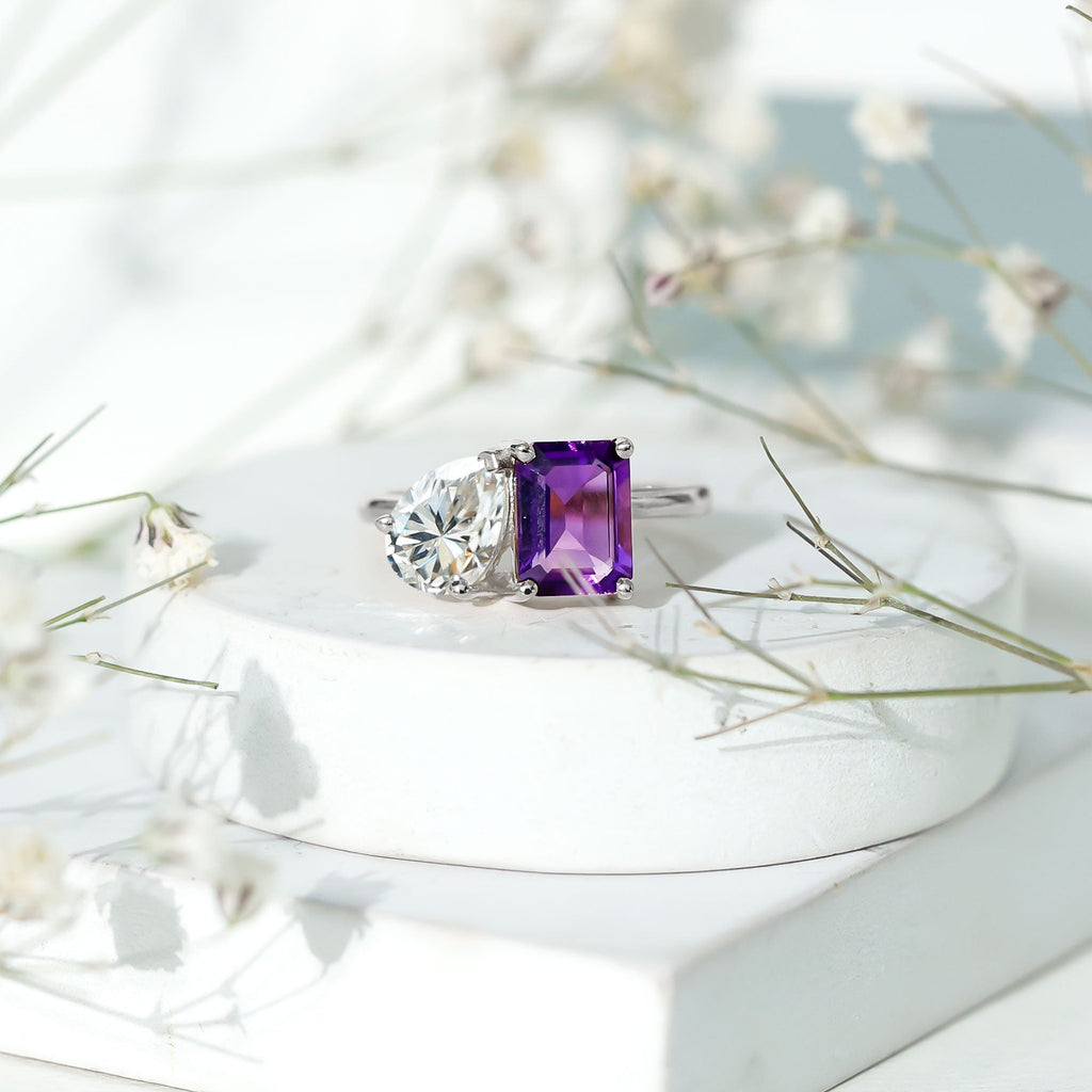 Real Amethyst and Moissanite Toi Et Moi Ring