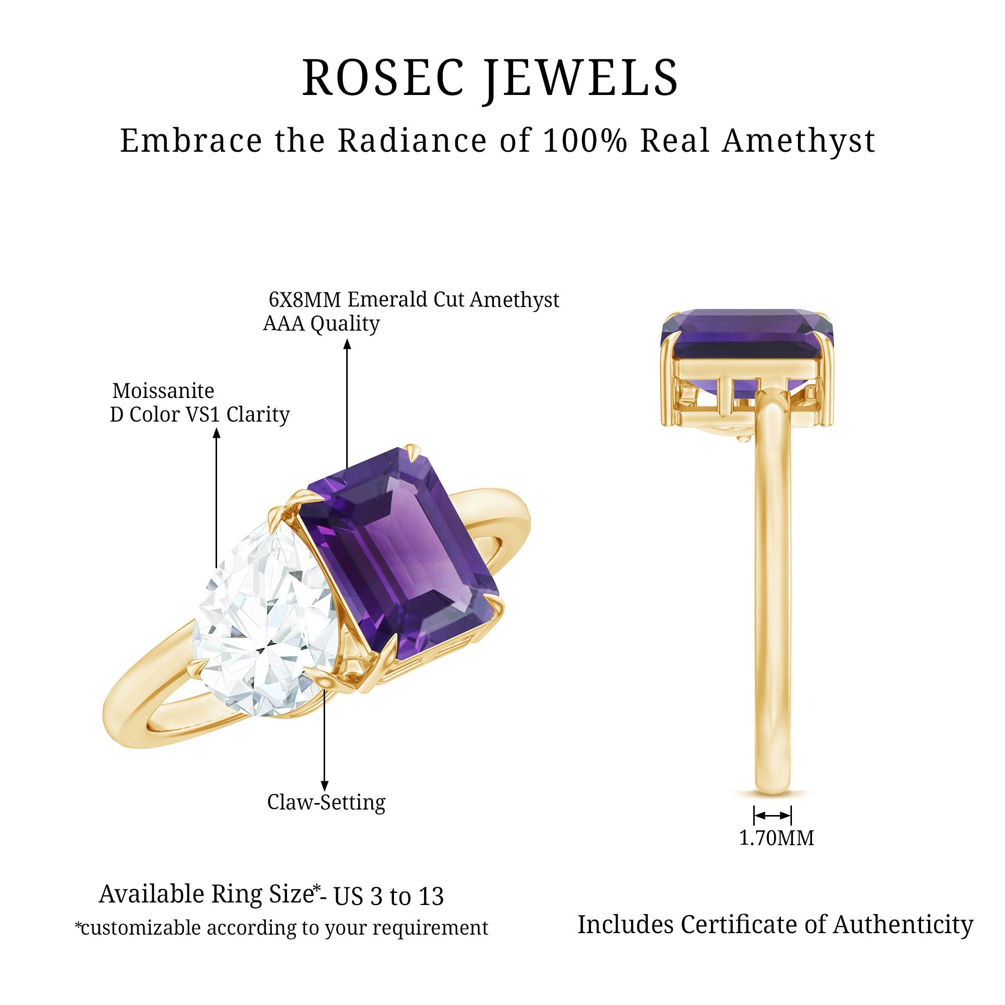 Real Amethyst and Moissanite Toi Et Moi Ring