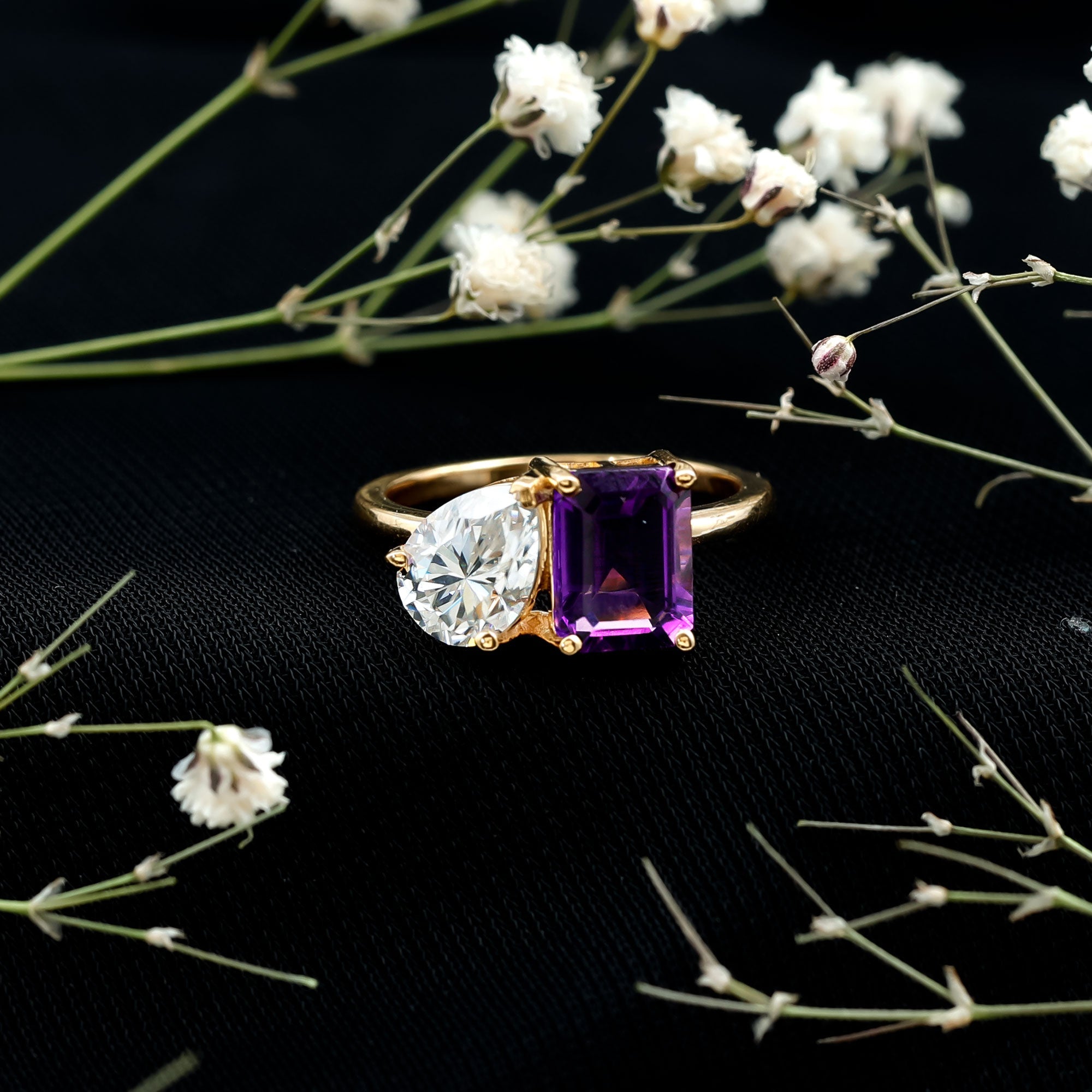 Real Amethyst and Moissanite Toi Et Moi Ring
