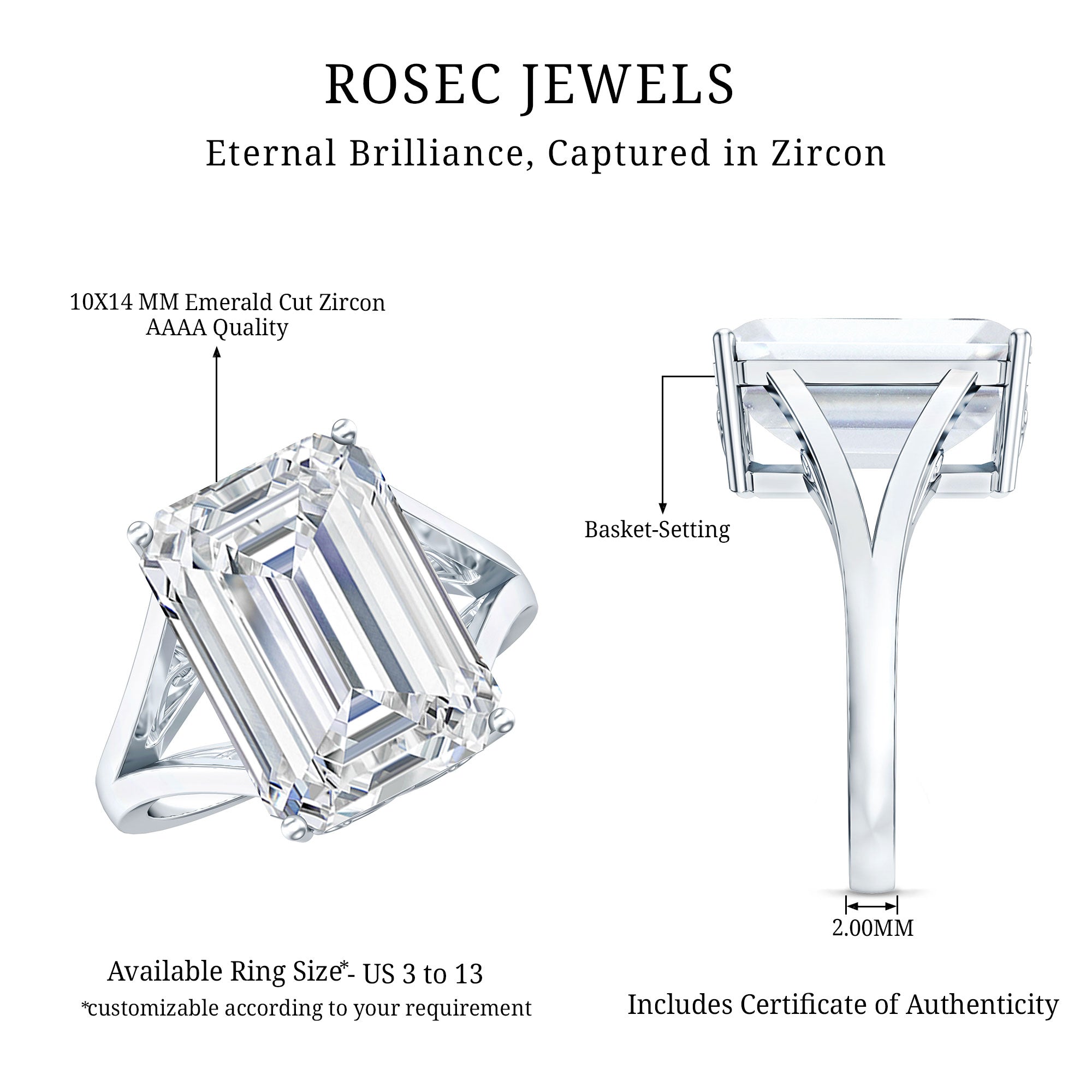 Certified 10X14 MM Emerald Cut Cubic Zirconia Solitaire Engagement Ring
