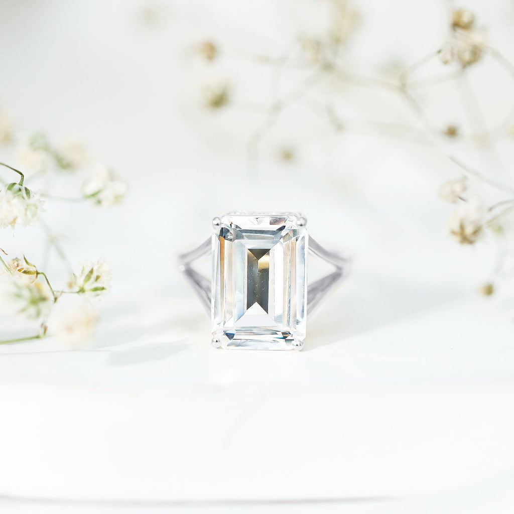 Certified 10X14 MM Emerald Cut Cubic Zirconia Solitaire Engagement Ring