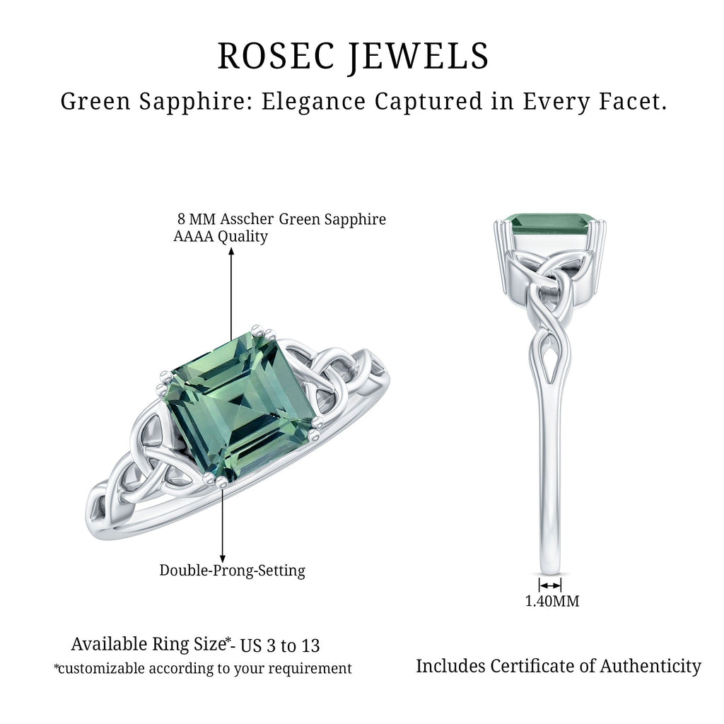 Certified Asscher Cut Lab Grown Green Sapphire Solitaire Celtic Engagement Ring