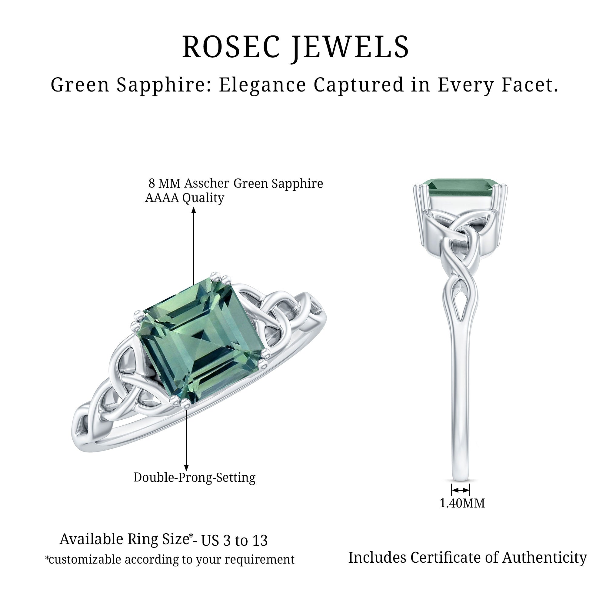 Certified Asscher Cut Lab Grown Green Sapphire Solitaire Celtic Engagement Ring