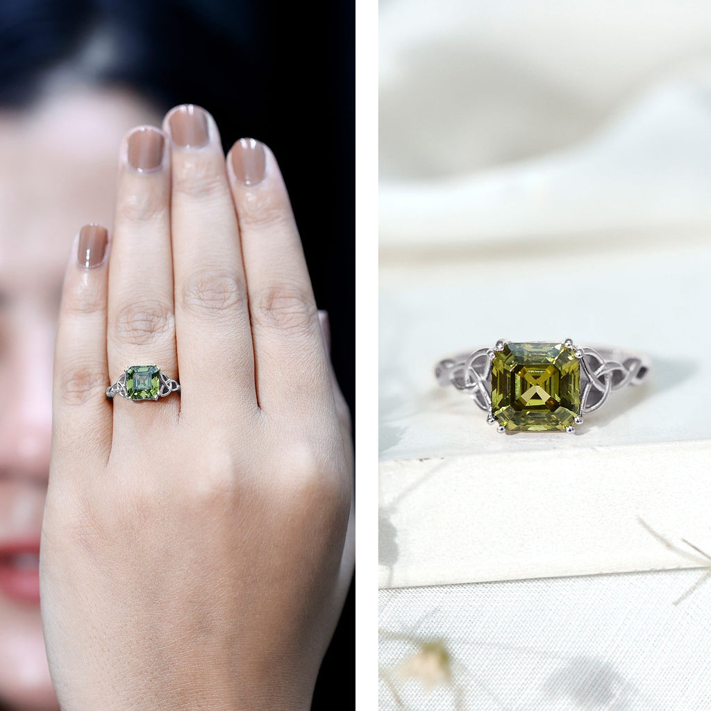 Certified Asscher Cut Lab Grown Green Sapphire Solitaire Celtic Engagement Ring