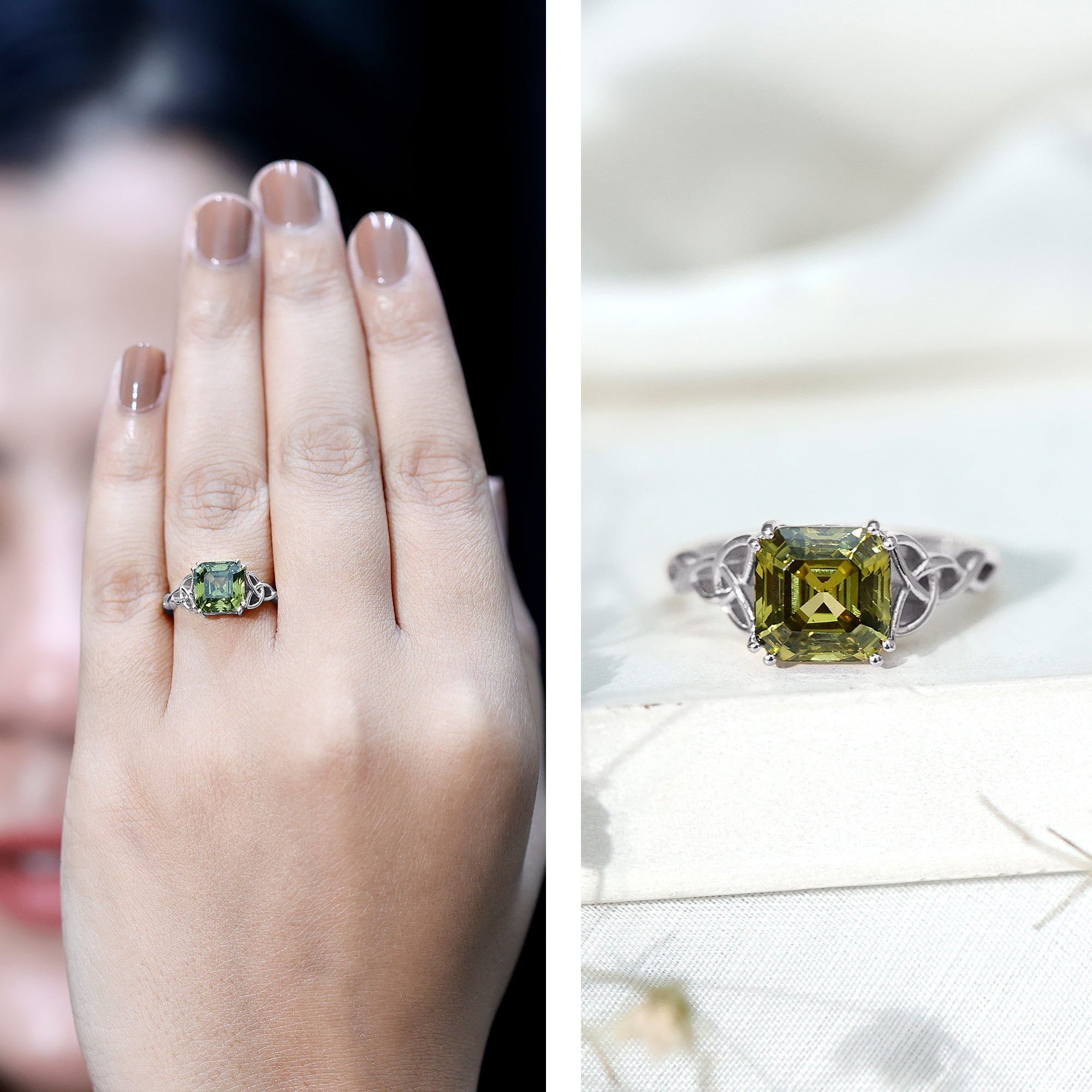 Certified Asscher Cut Lab Grown Green Sapphire Solitaire Celtic Engagement Ring