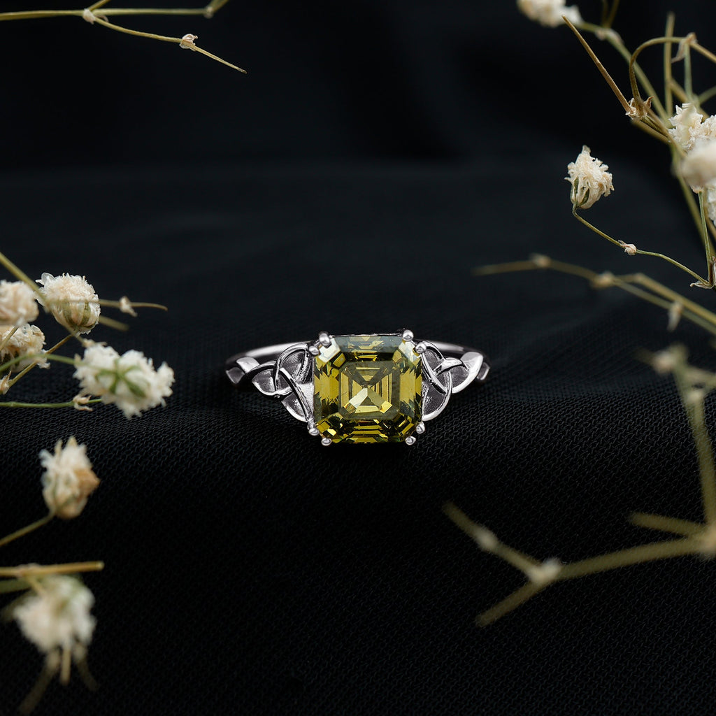 Certified Asscher Cut Lab Grown Green Sapphire Solitaire Celtic Engagement Ring