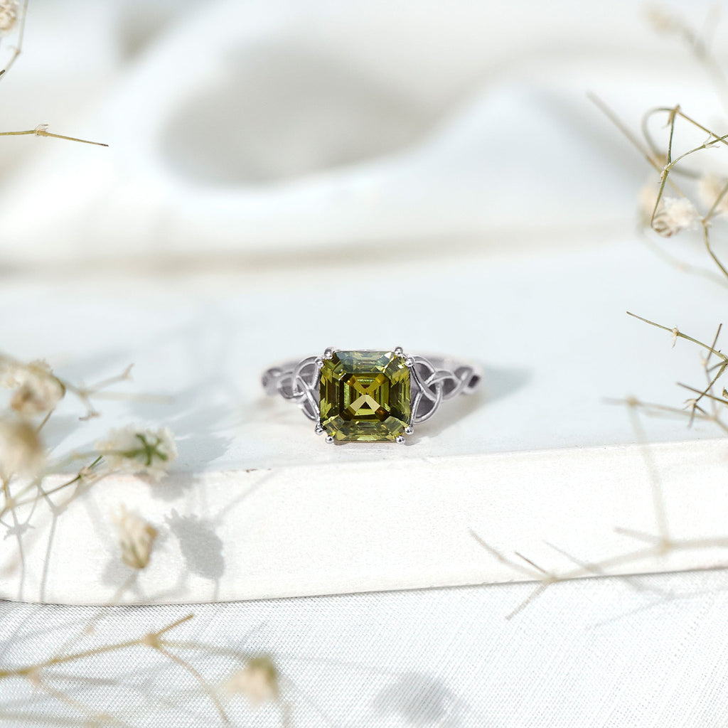 Certified Asscher Cut Lab Grown Green Sapphire Solitaire Celtic Engagement Ring
