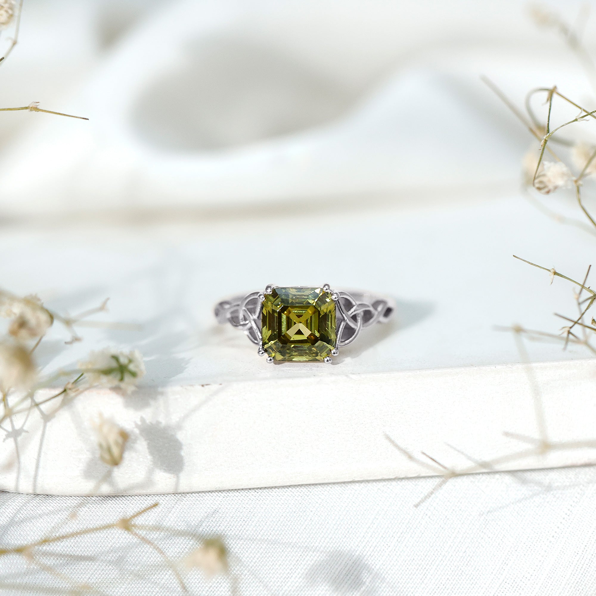Certified Asscher Cut Lab Grown Green Sapphire Solitaire Celtic Engagement Ring