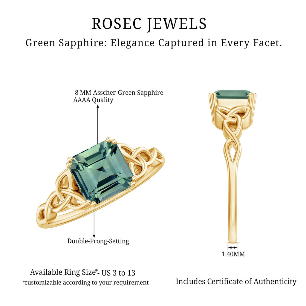 Certified Asscher Cut Lab Grown Green Sapphire Solitaire Celtic Engagement Ring