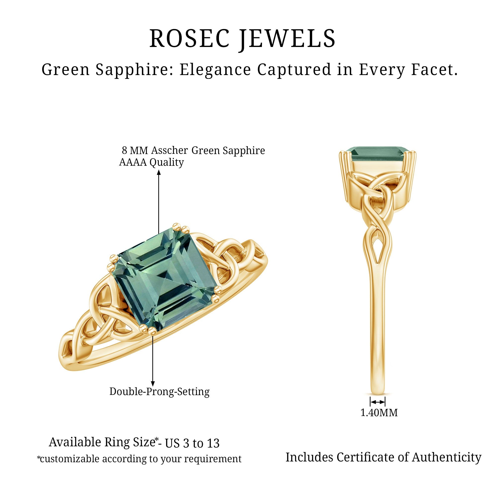 Certified Asscher Cut Lab Grown Green Sapphire Solitaire Celtic Engagement Ring